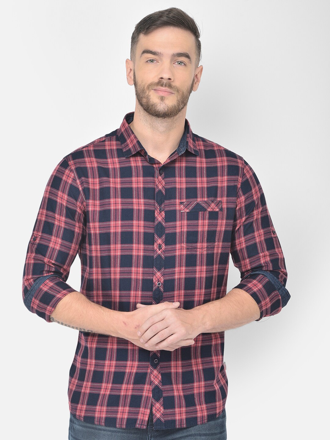 

Canary London Men Navy Blue Smart Slim Fit Tartan Checks Checked Casual Shirt