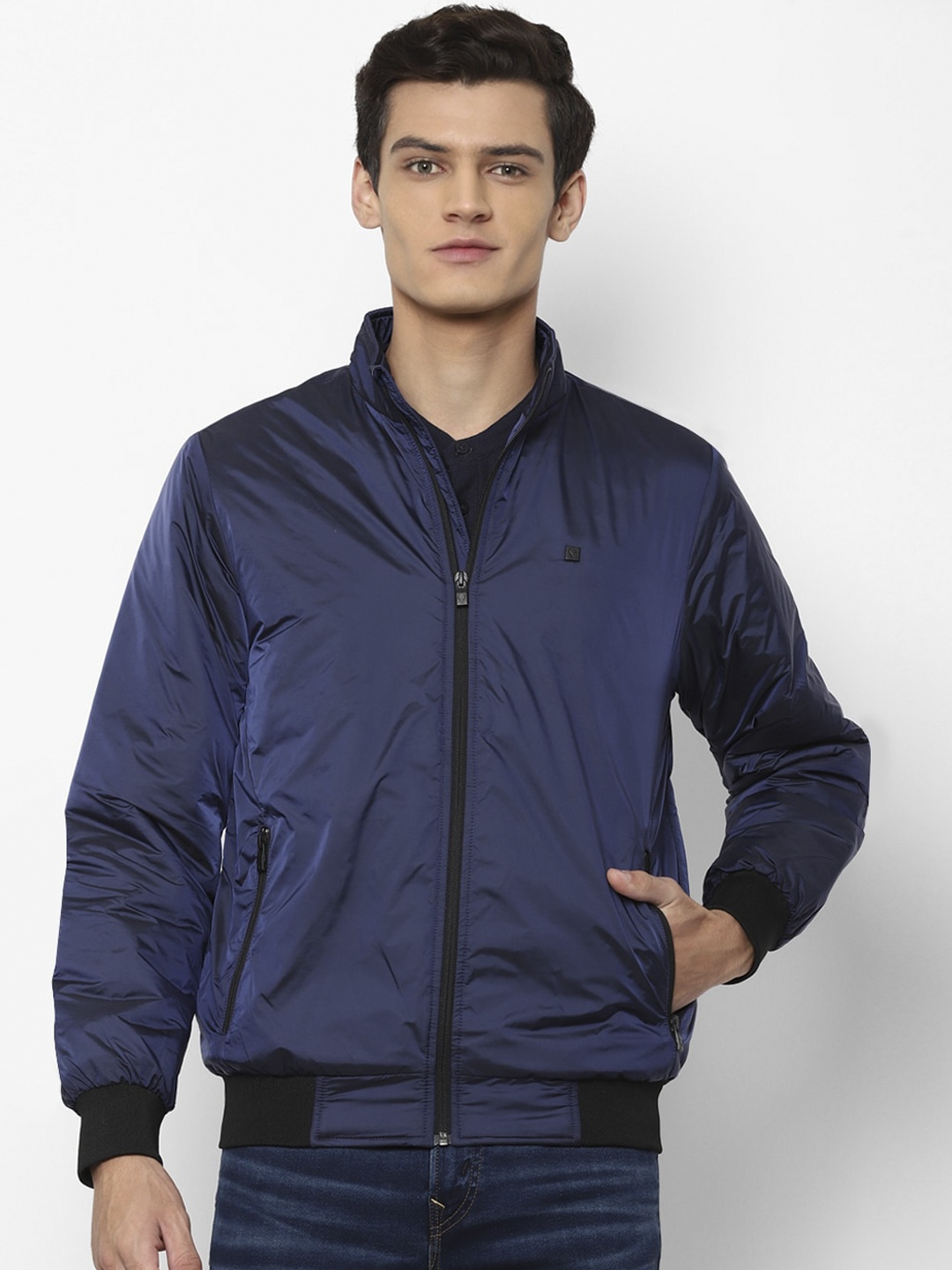 

Allen Solly Men Navy Blue & Black Solid Bomber Jacket