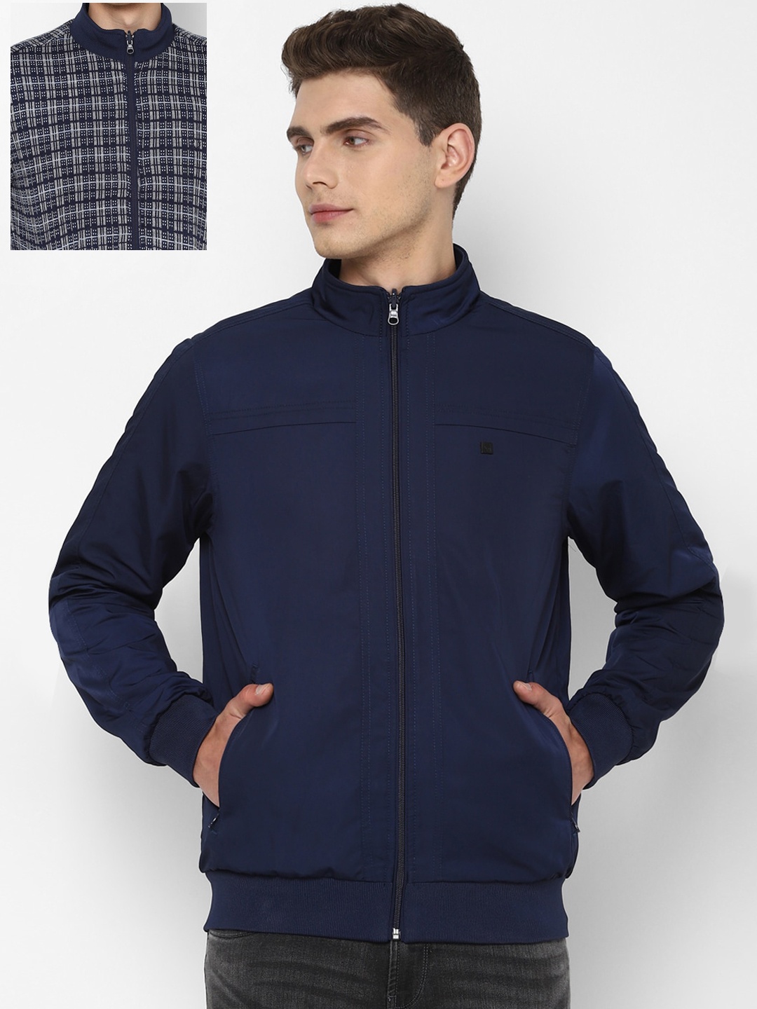 

Allen Solly Men Navy Blue Checked Reversible Bomber Jacket