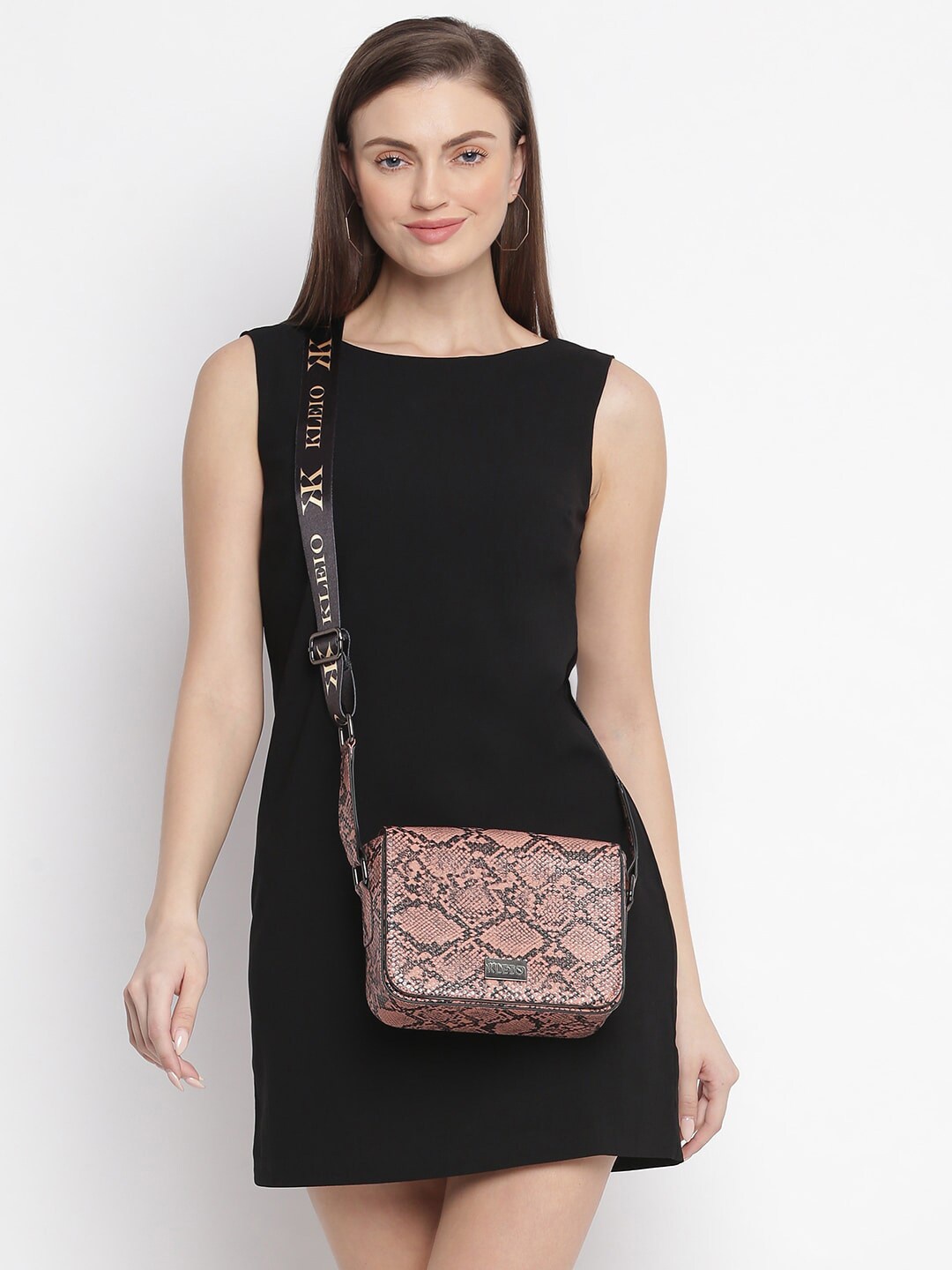 

KLEIO Structured Snake Printed Box Sling Bag, Peach