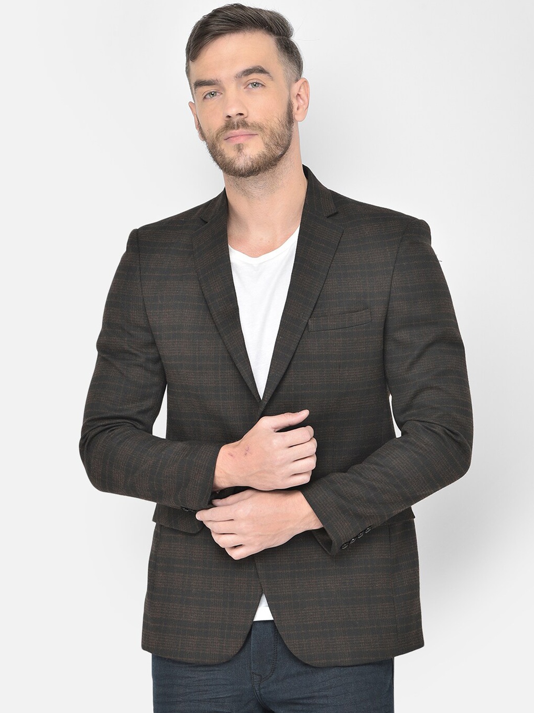 

Canary London Men Brown Checked Slim-Fit Single Breasted Casual Blazer