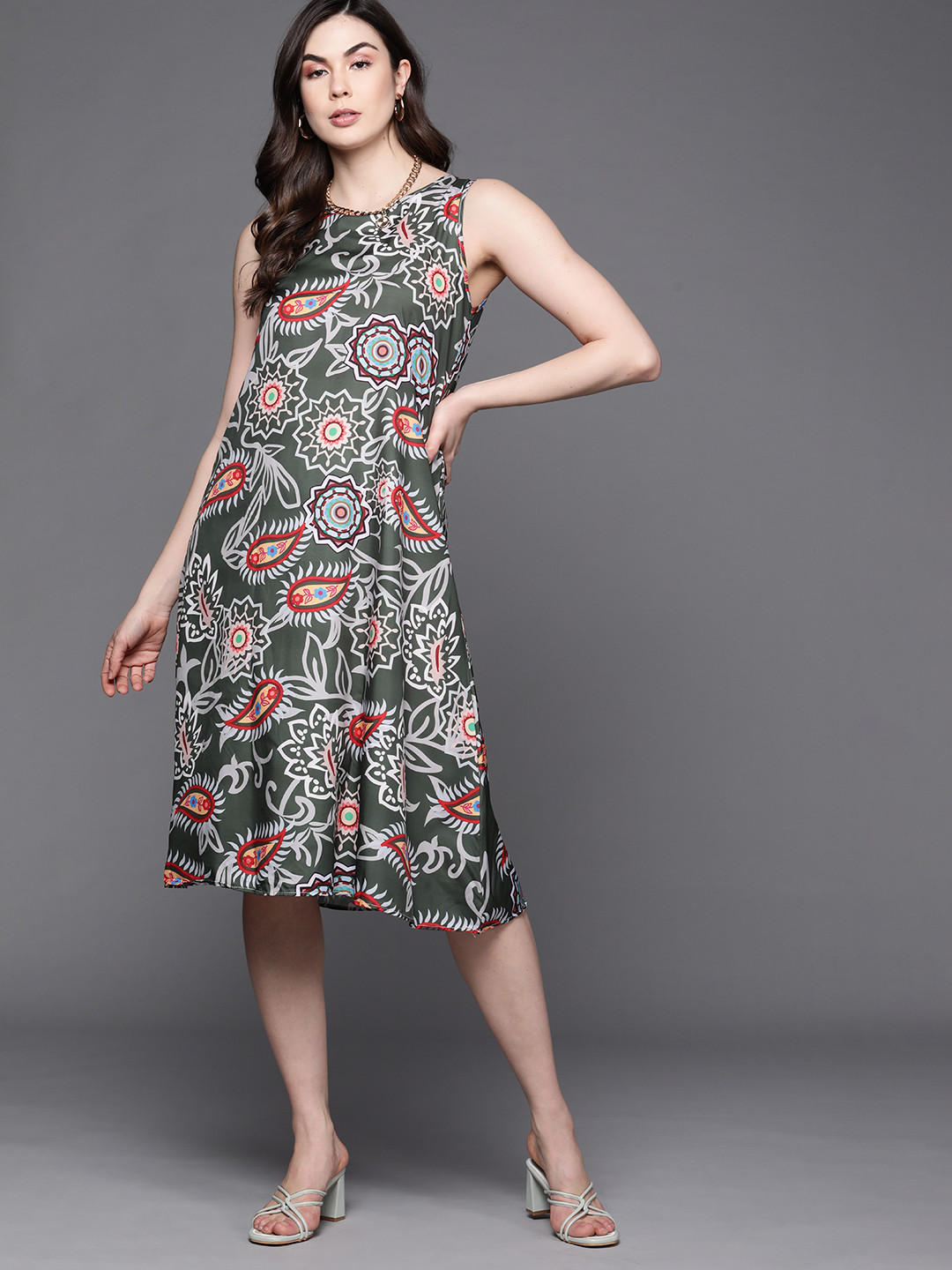 

JC Mode Green & Red Ethnic Motifs A-Line Midi Dress