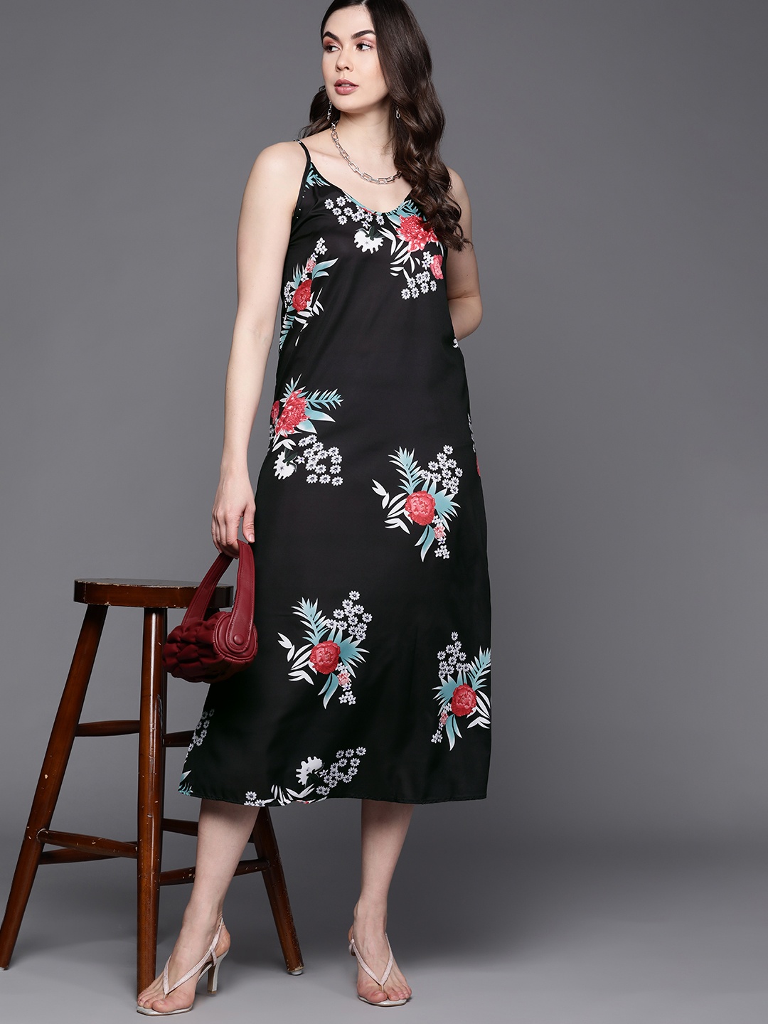 

JC Mode Women Black & White Floral A-Line Midi Dress