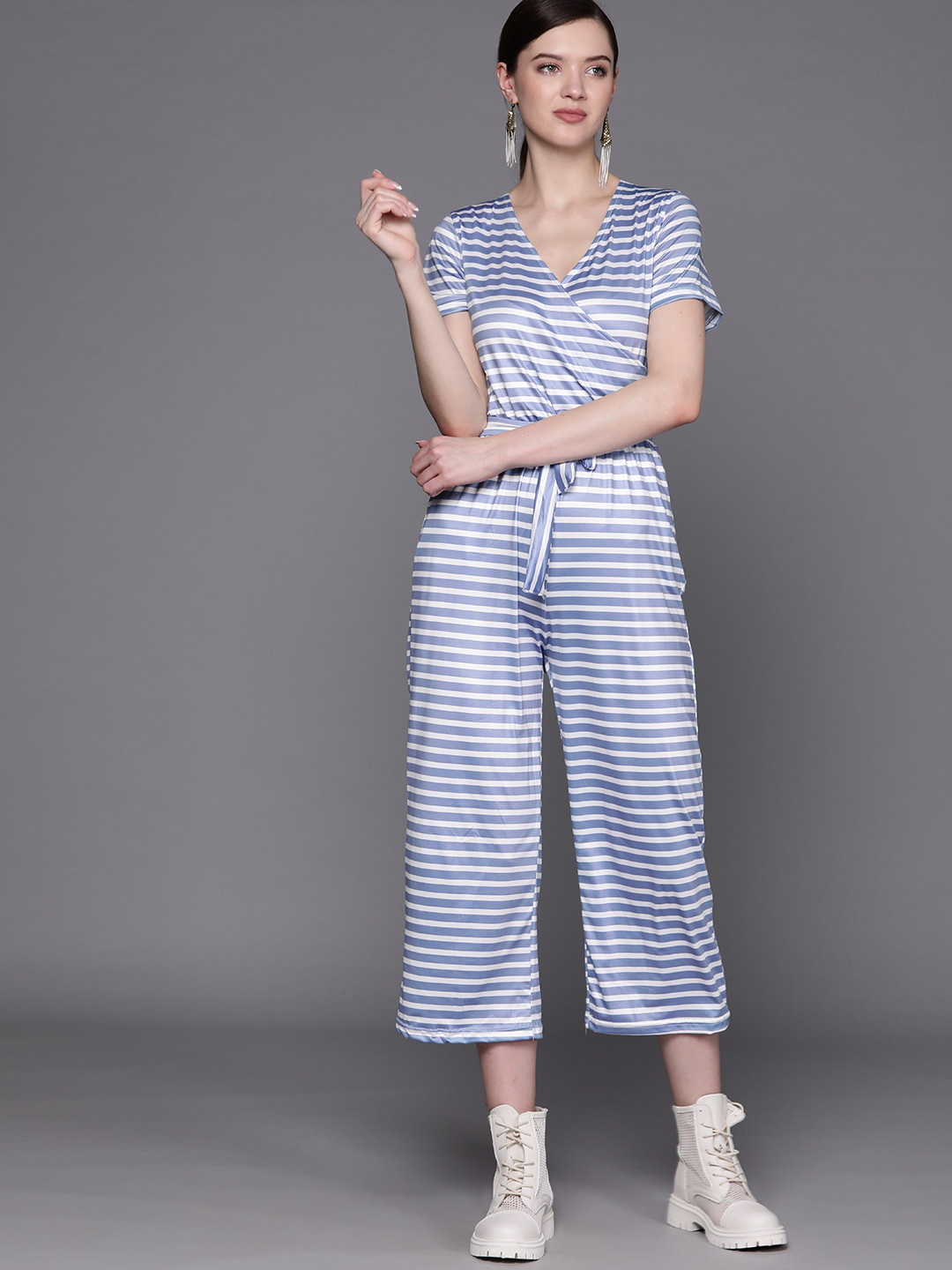 

JC Mode Blue & White Striped Basic Jumpsuit