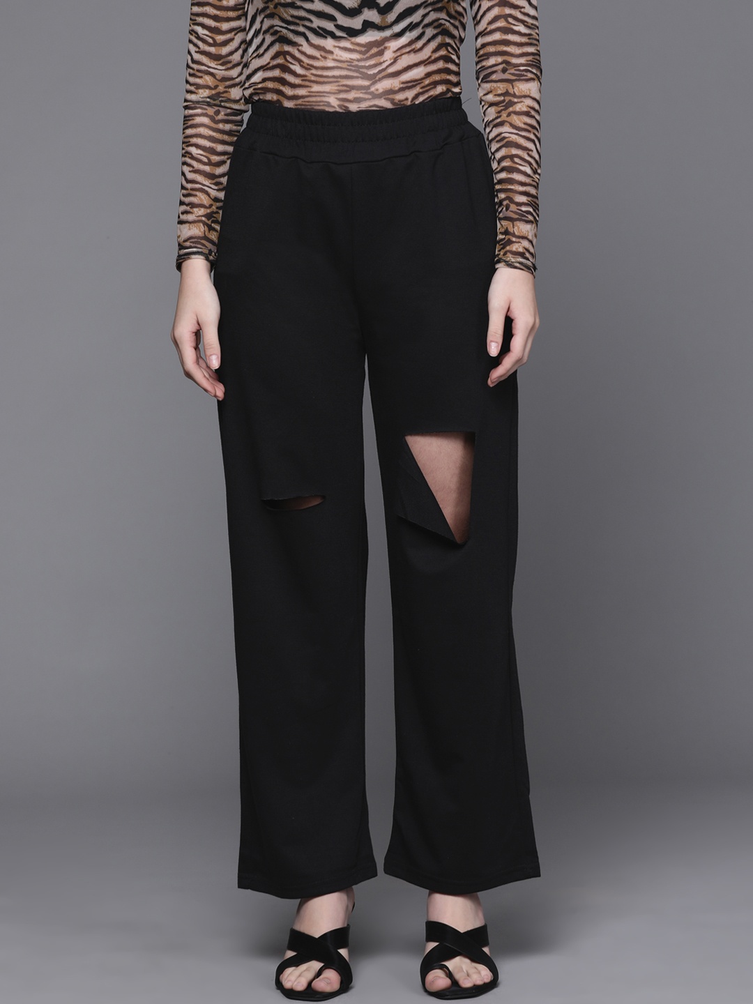 

JC Mode Women Black Solid High-Rise Slash knee Trousers
