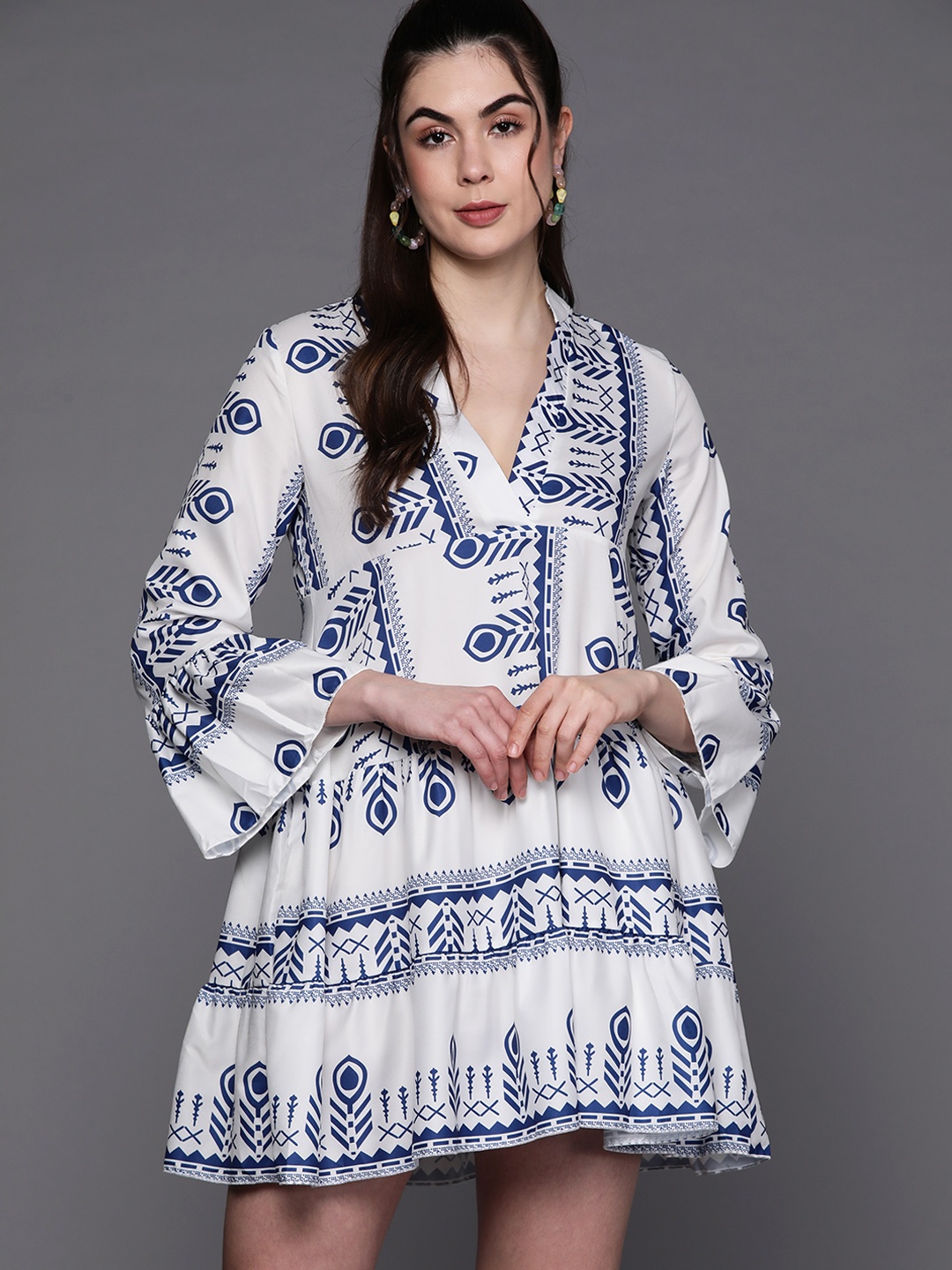 

JC Mode White & Blue Ethnic Motifs A-Line Mini Dress