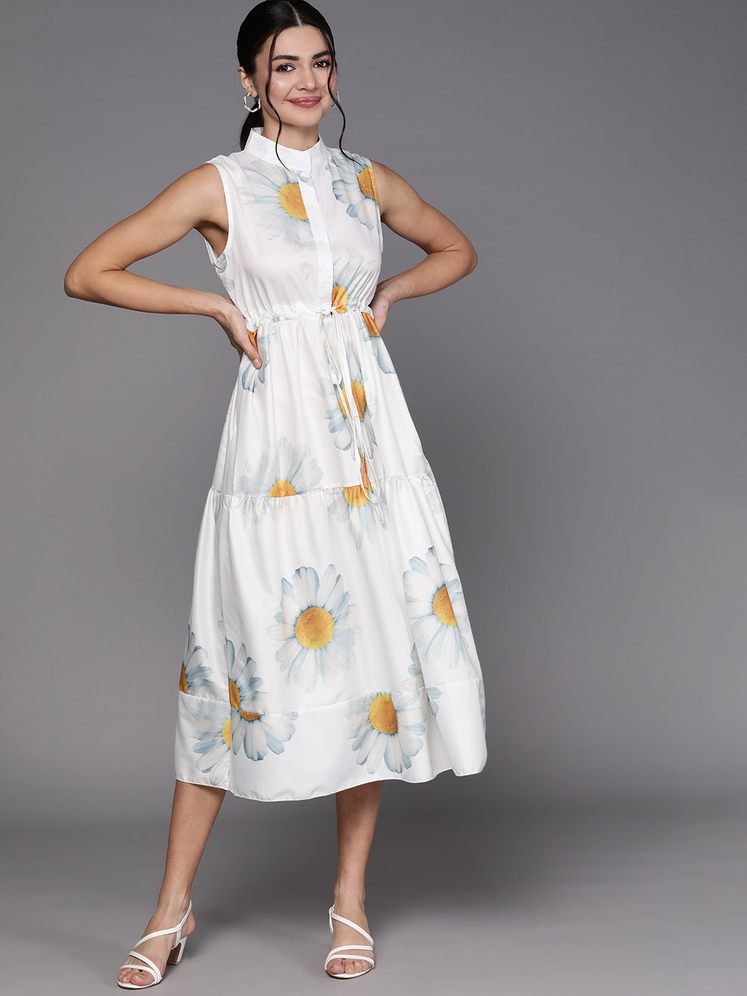 

JC Mode White & Blue Printed Sheath Dress with Belt