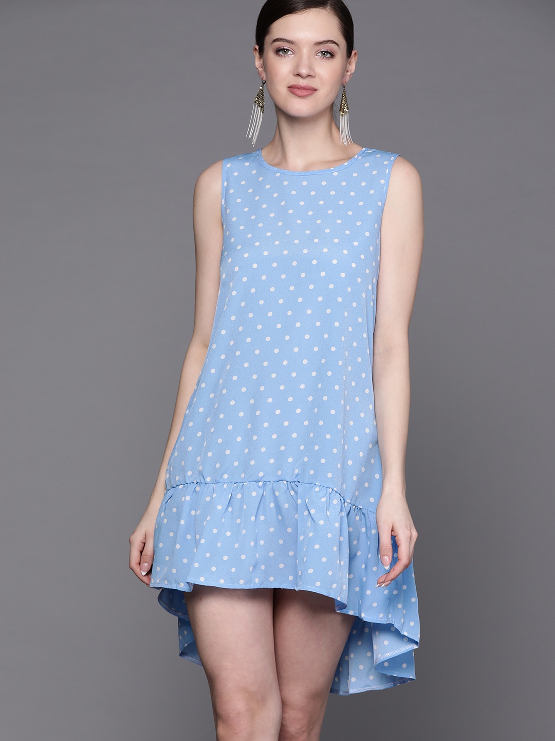 

JC Mode Blue & White Polka Dot Print High-Low A-Line Dress