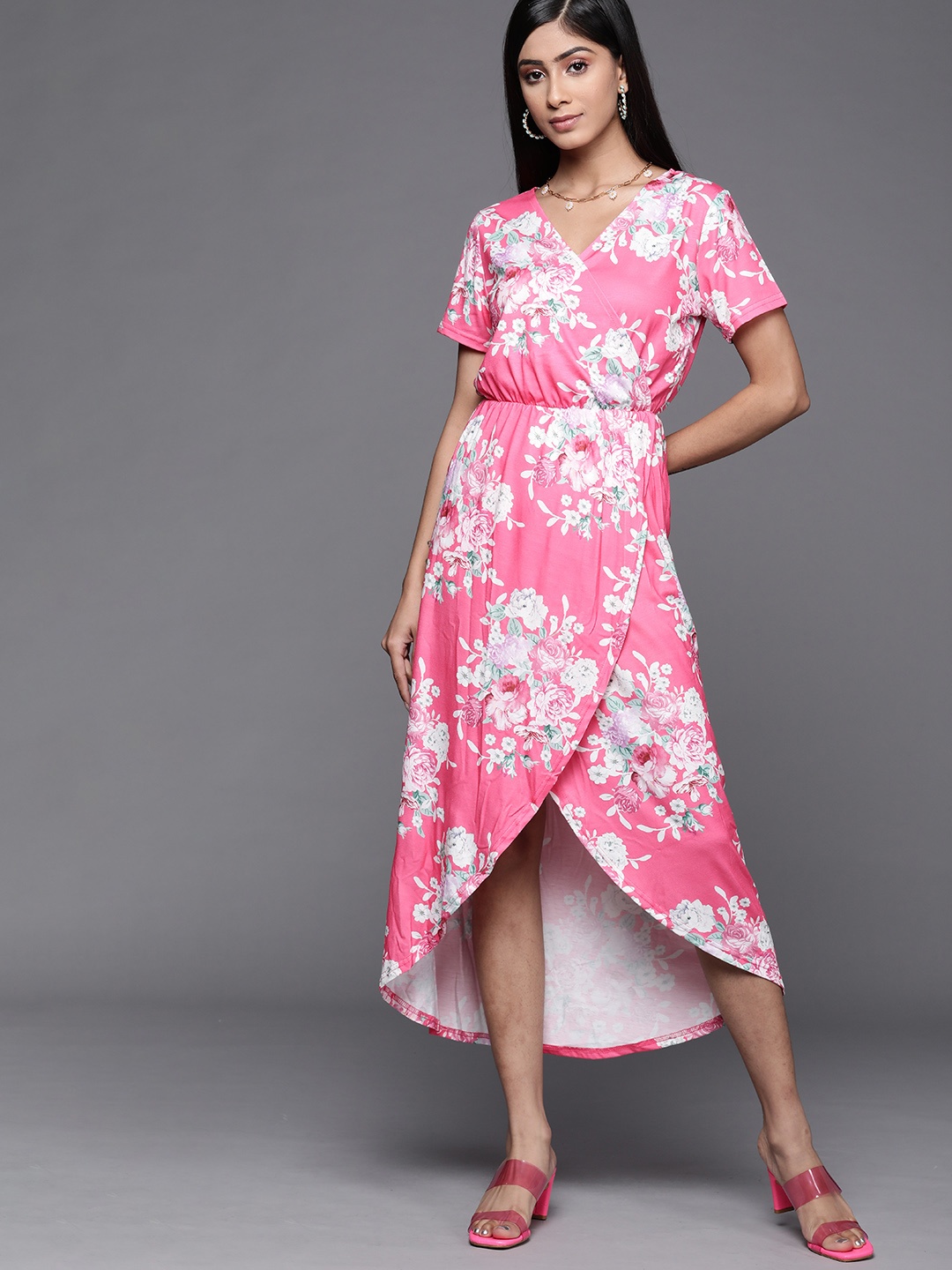 

JC Mode Pink & White Floral A-Line Midi Dress