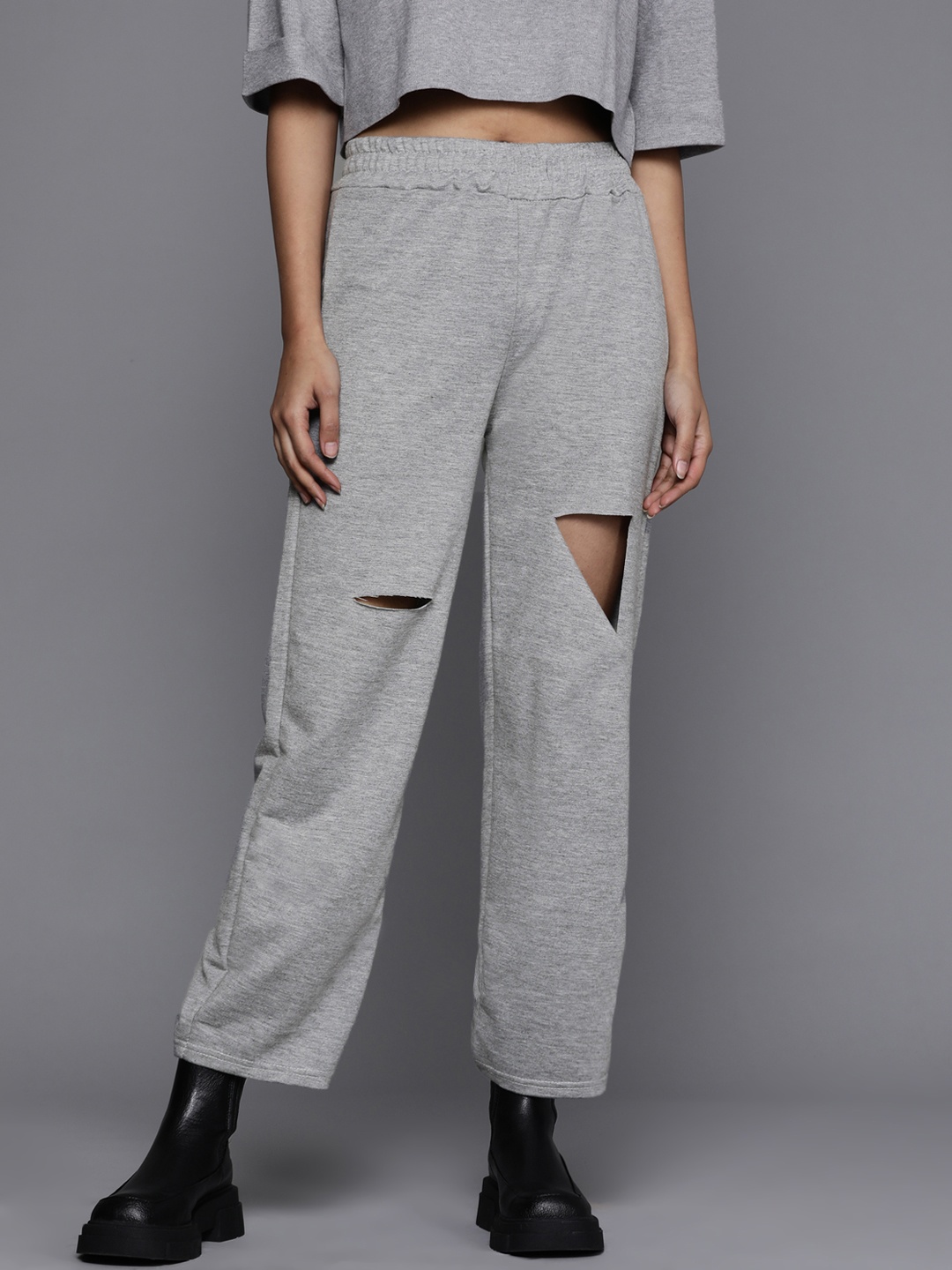 

JC Mode Women Grey Melange Solid Slash Knee Cropped Trousers