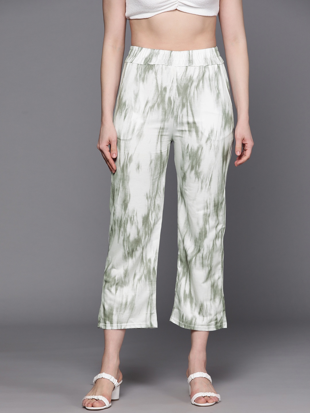

JC Mode Women White & Olive Green Printed Cropped Palazzos