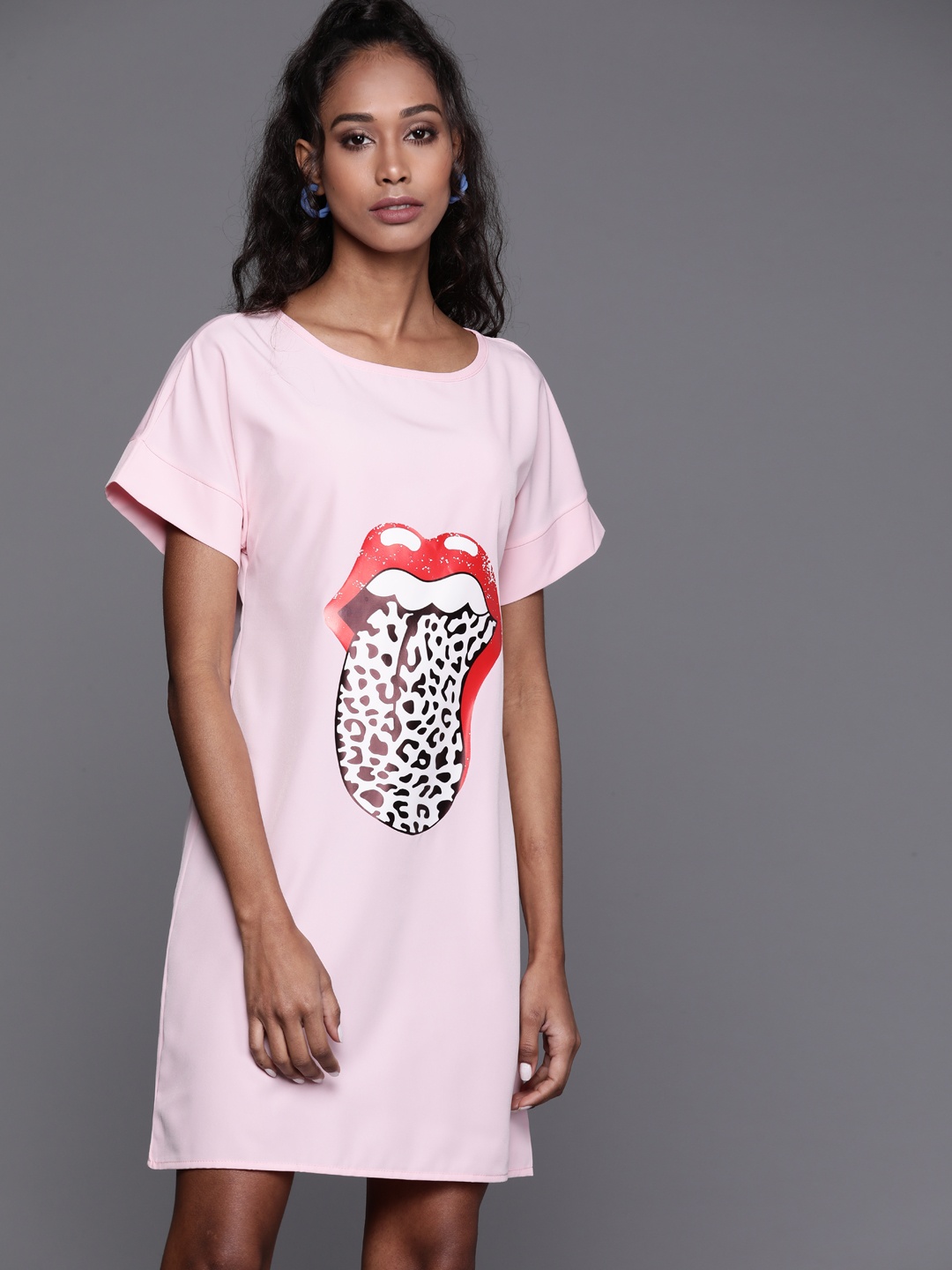 

JC Mode Pink & White Rolling Stones Print T-shirt Dress