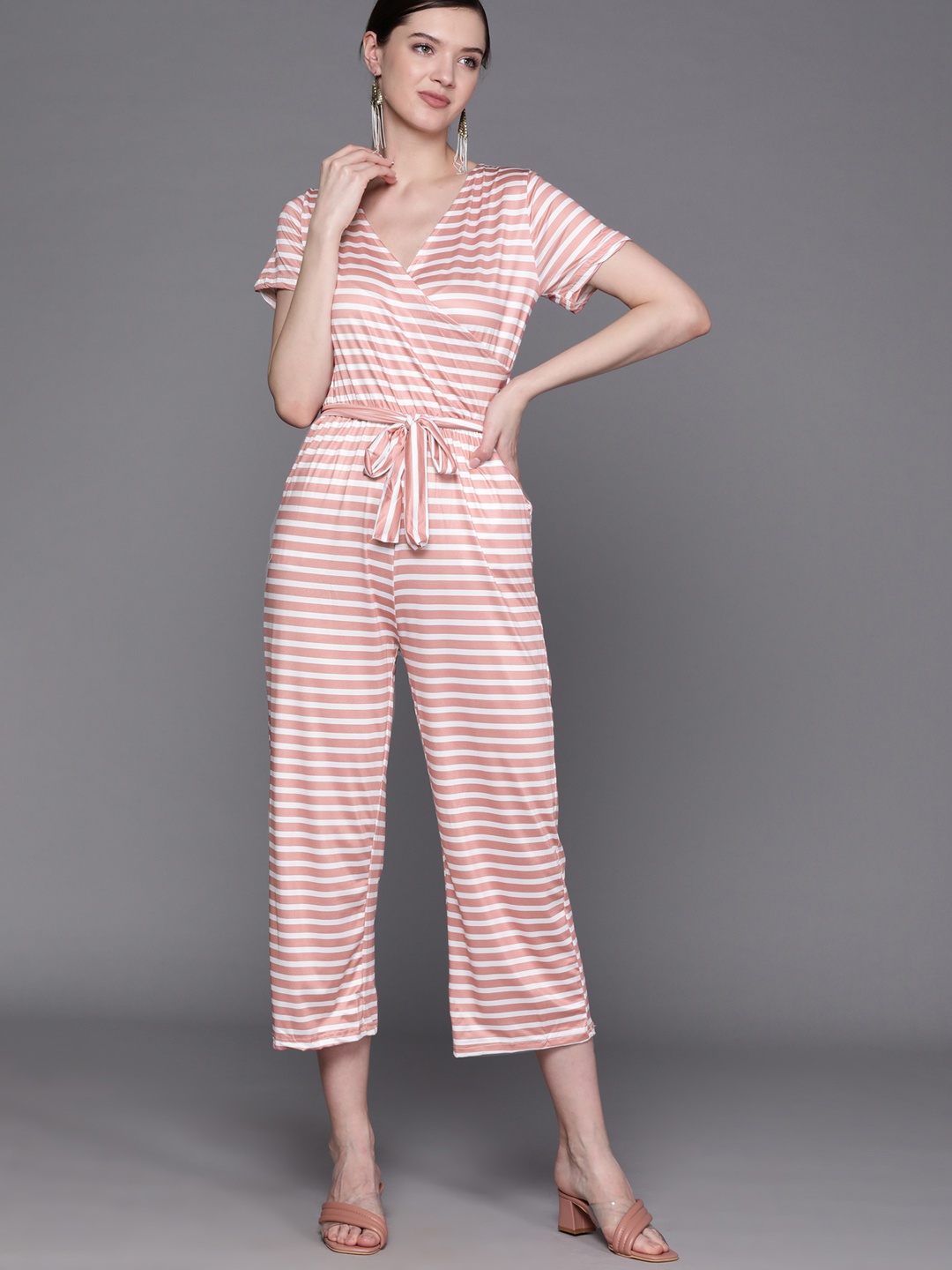 

JC Mode Pink & White Striped Basic Belted Jumpsuit