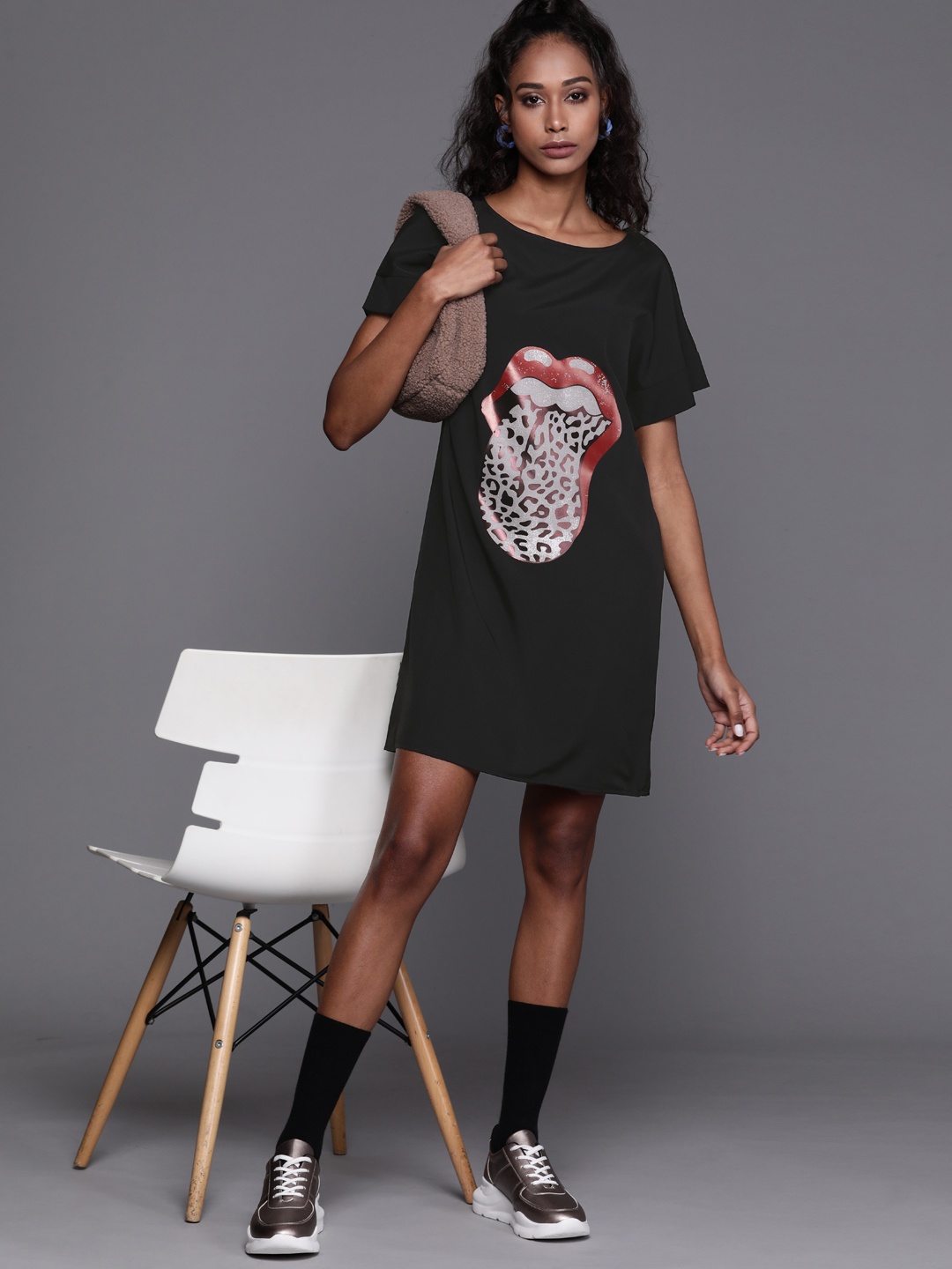 

JC Mode Black & Grey Rolling Stones Print T-shirt Dress