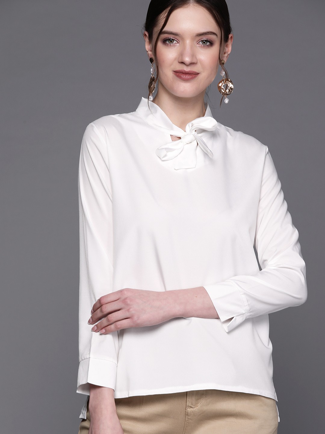 

JC Mode White Solid Tie-Up Neck Top
