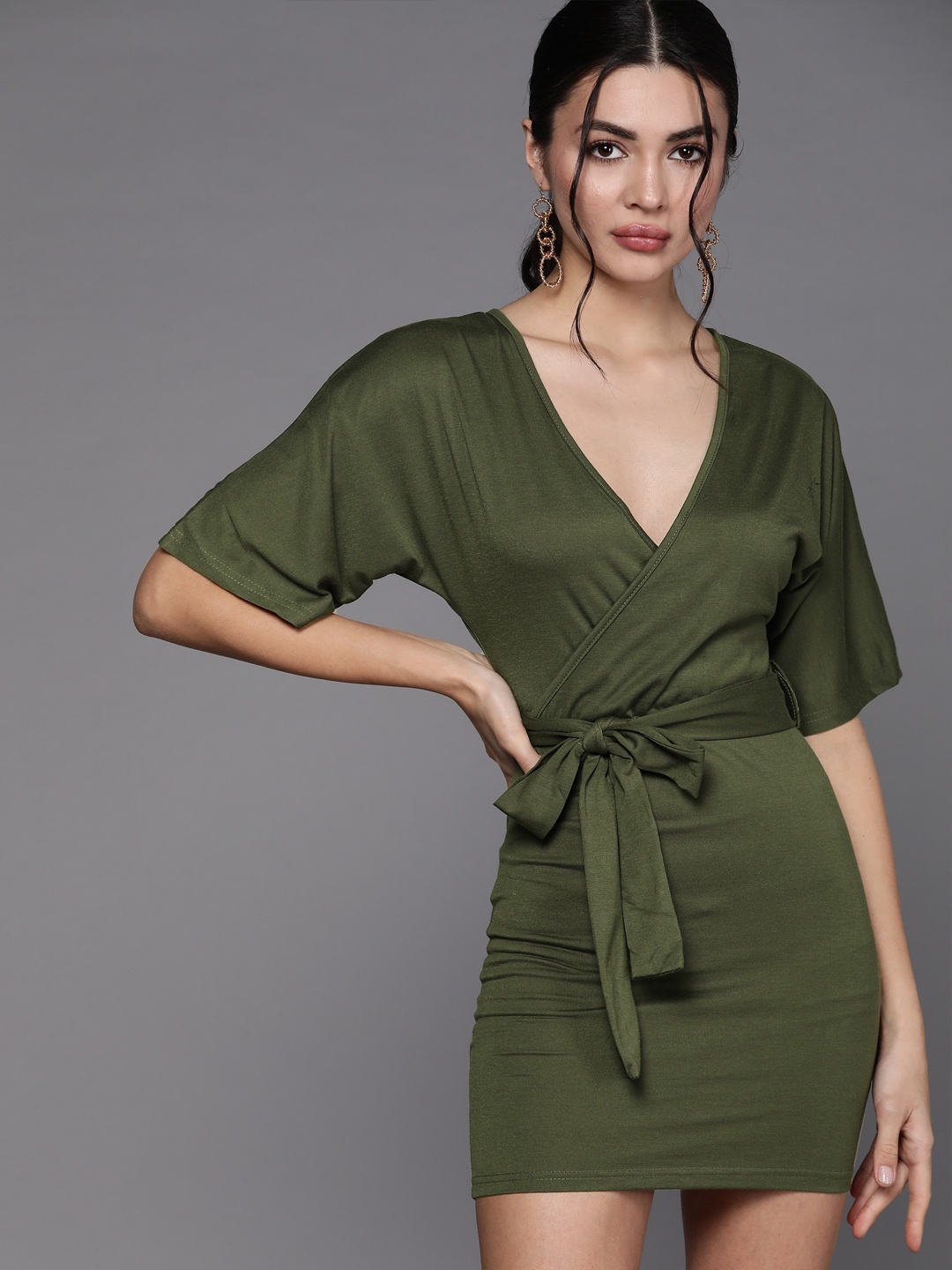

JC Mode Olive Green Solid Mini Wrap Dress with Belt
