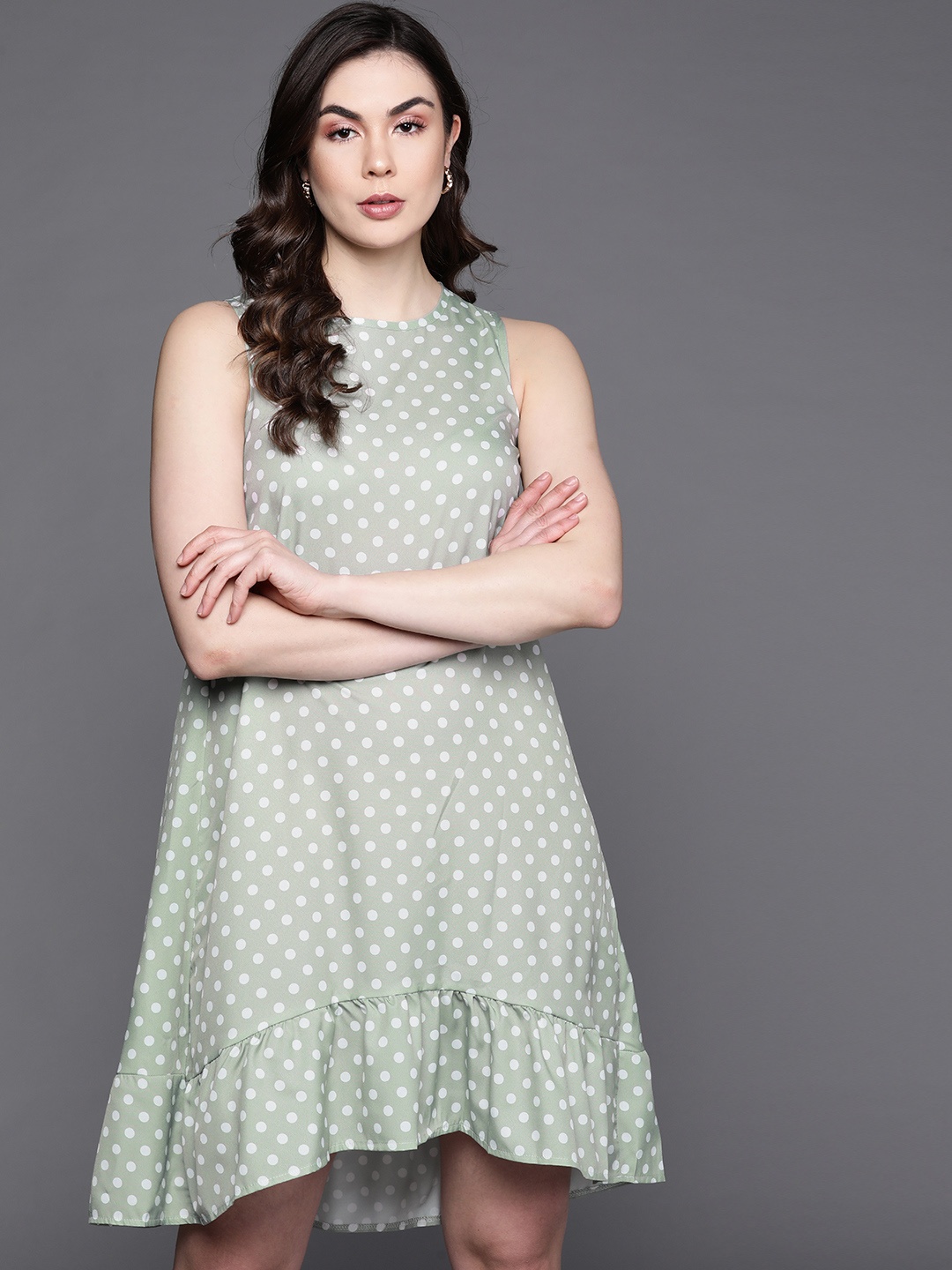 

JC Mode Green & White Polka Dot Printed A-Line Dress