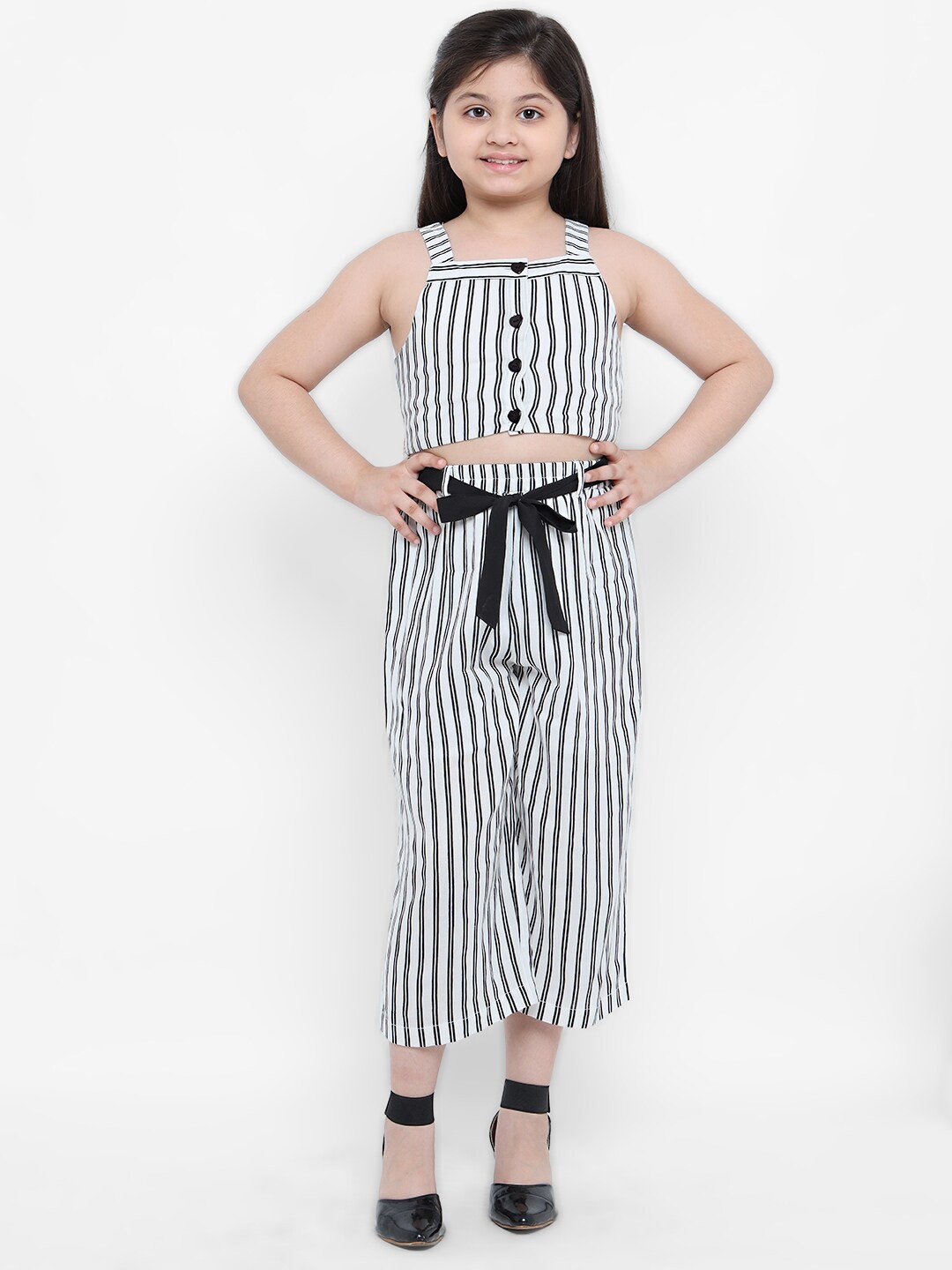 

Natilene Girls White & Black Striped Top with Pyjamas