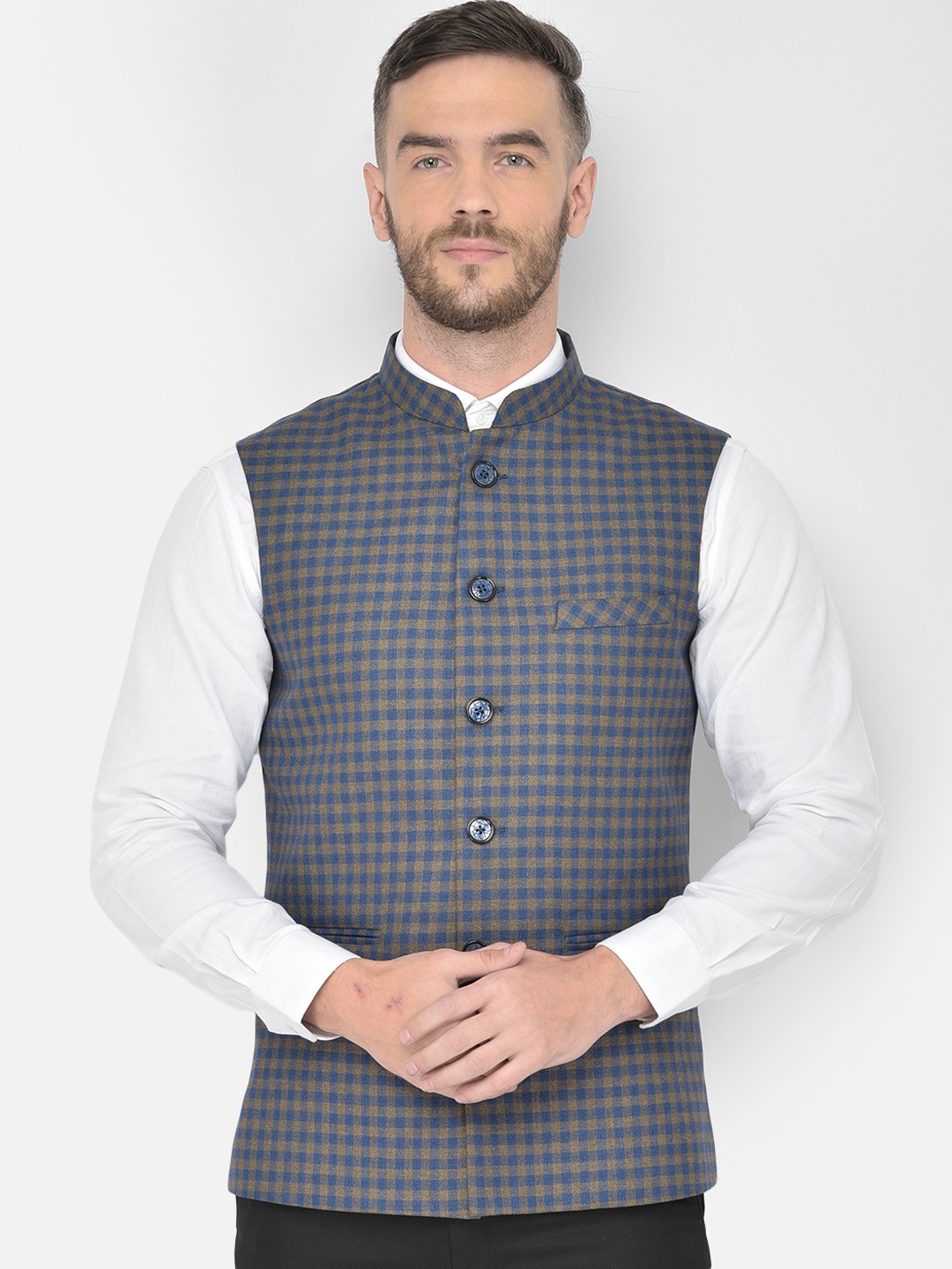 

Canary London Khaki & Blue Checked Slim Fit Nehru Waistcoat