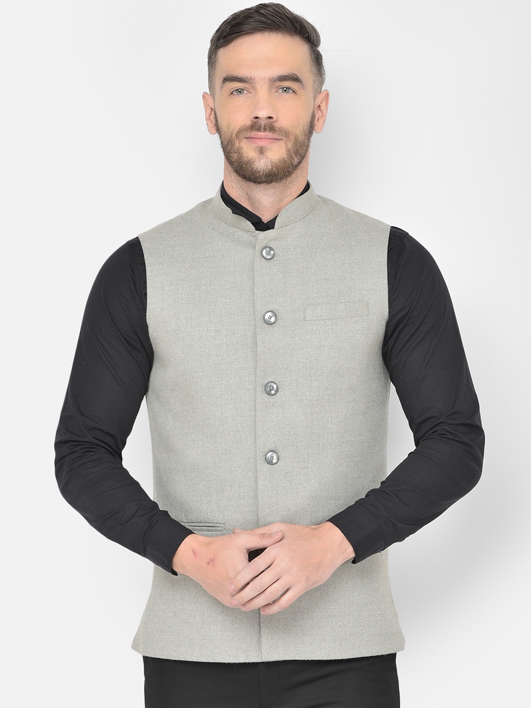 

Canary London Light Grey Solid Slim Fit Nehru Waistcoat
