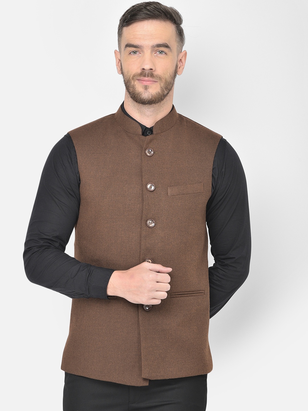 

Canary London Brown Solid Slim Fit Nehru Jacket