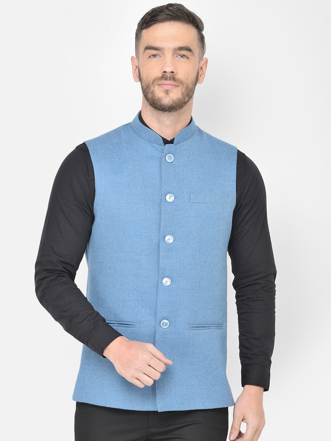 

Canary London Men Blue Solid Slim Fit Nehru Waistcoat