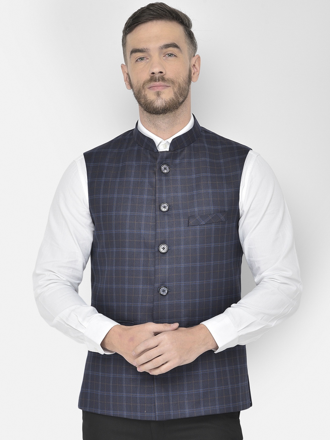

Canary London Men Navy Blue Checked Slim Fit Nehru Waistcoat