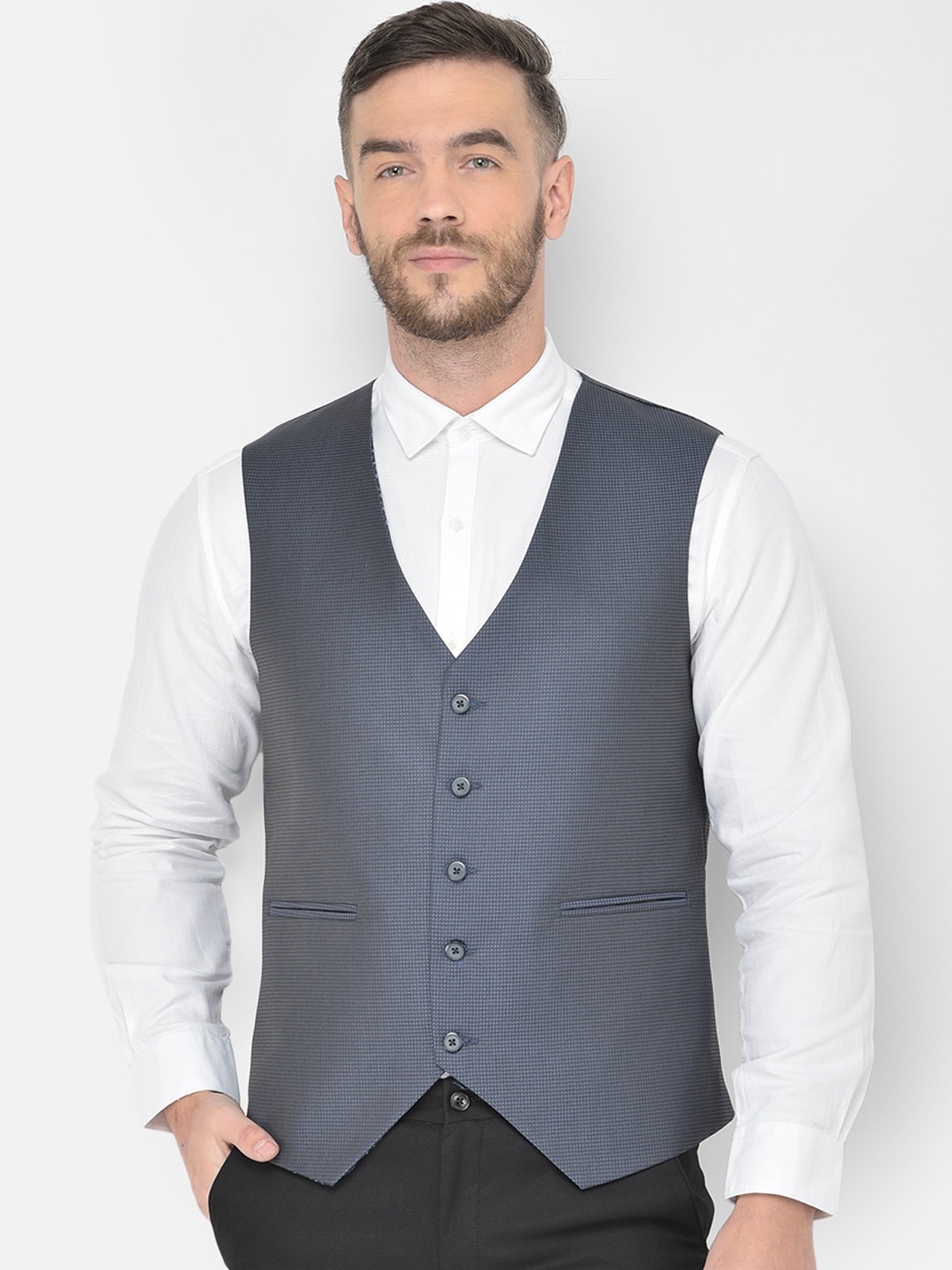 

Canary London Men Navy Blue Self-Design Woven Waistcoat