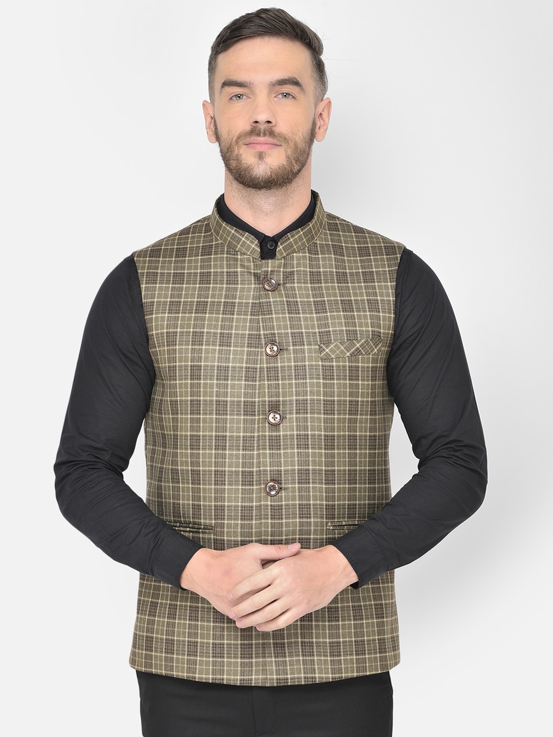 

Canary London Men Khaki Brown Checked Nehru Waistcoat