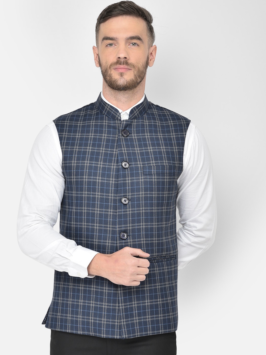 

Canary London Blue Checked Slim Fit Nehru Waistcoat
