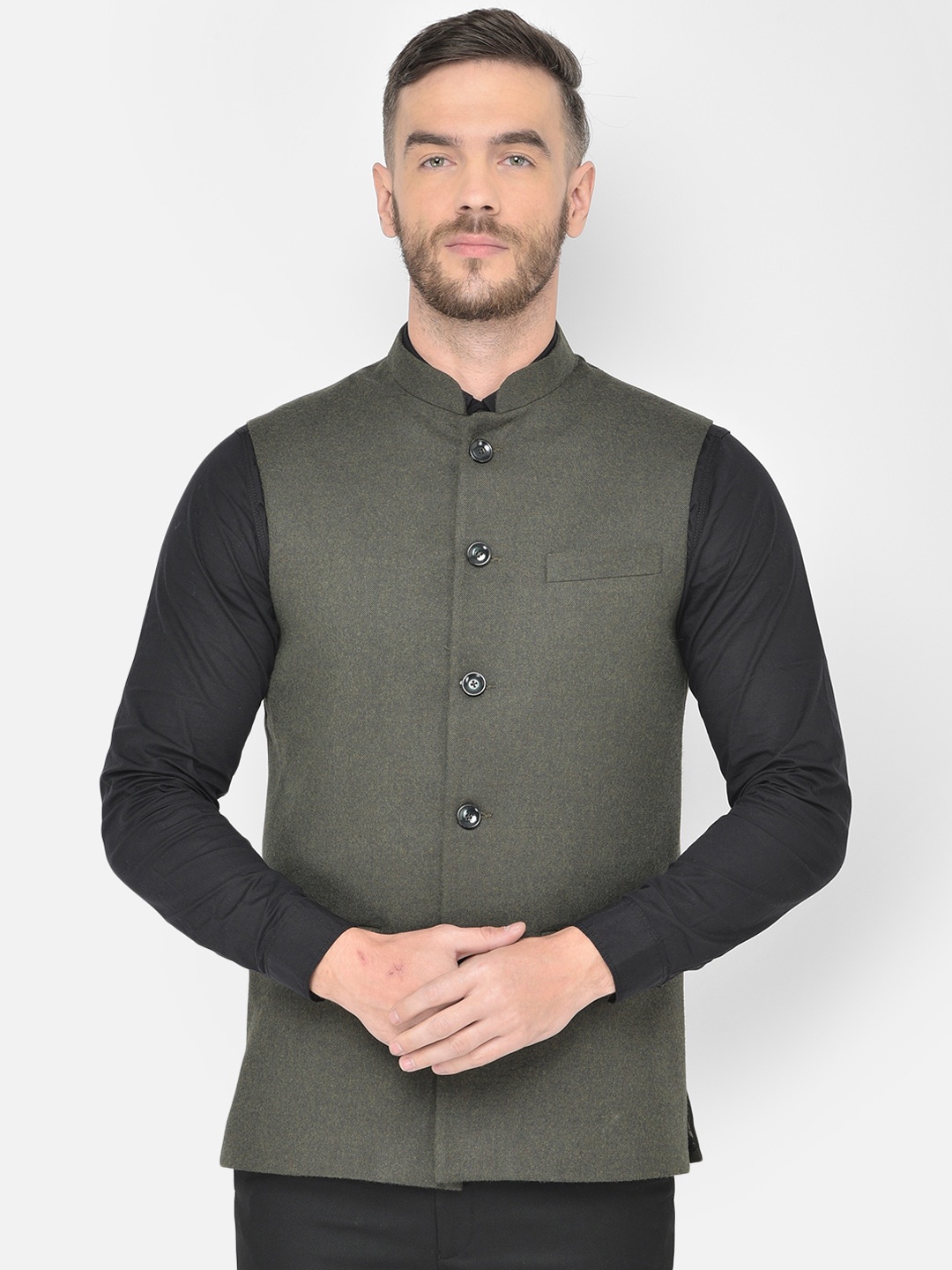 

Canary London Men Olive Solid Slim Fit Nehru Waistcoat