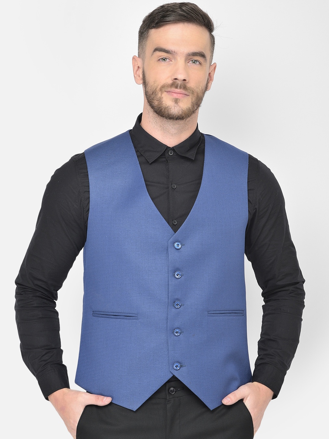 

Canary London Men Blue Solid Woven Waistcoat