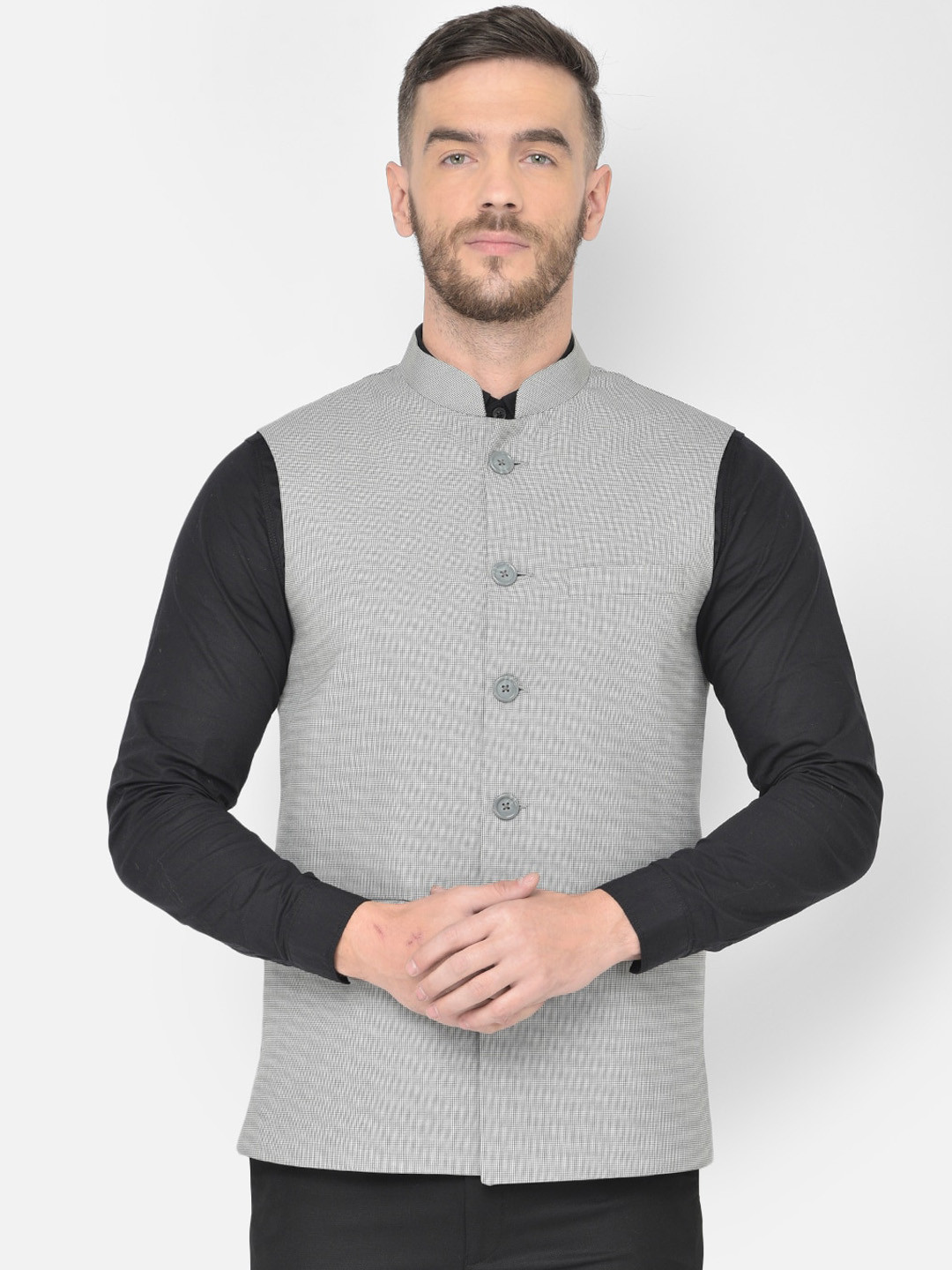 

Canary London White & Black Dobby Slim Fit Nehru Waistcoat