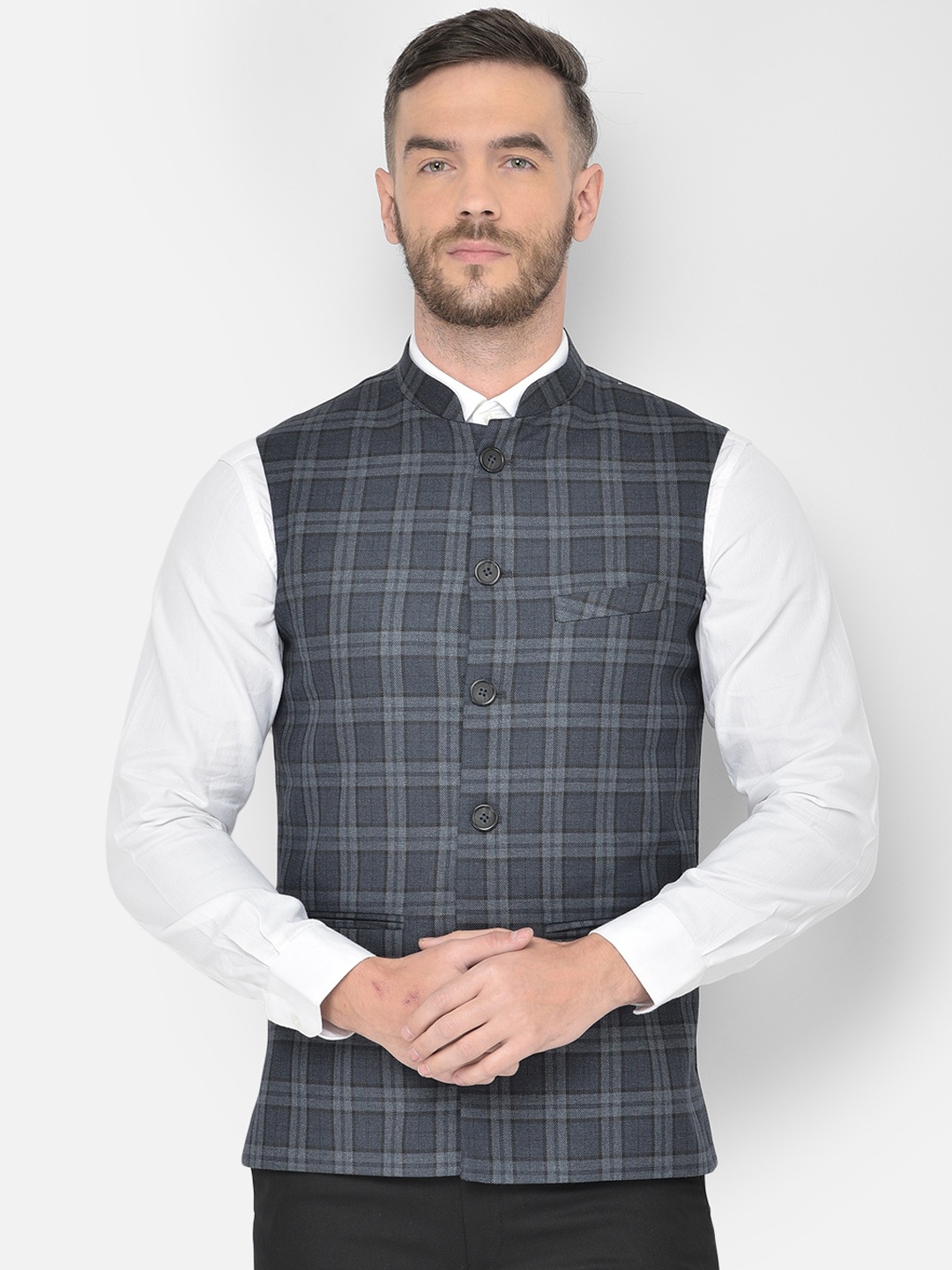 

Canary London Men Navy Blue Checked Slim Fit Nehru Waistcoat