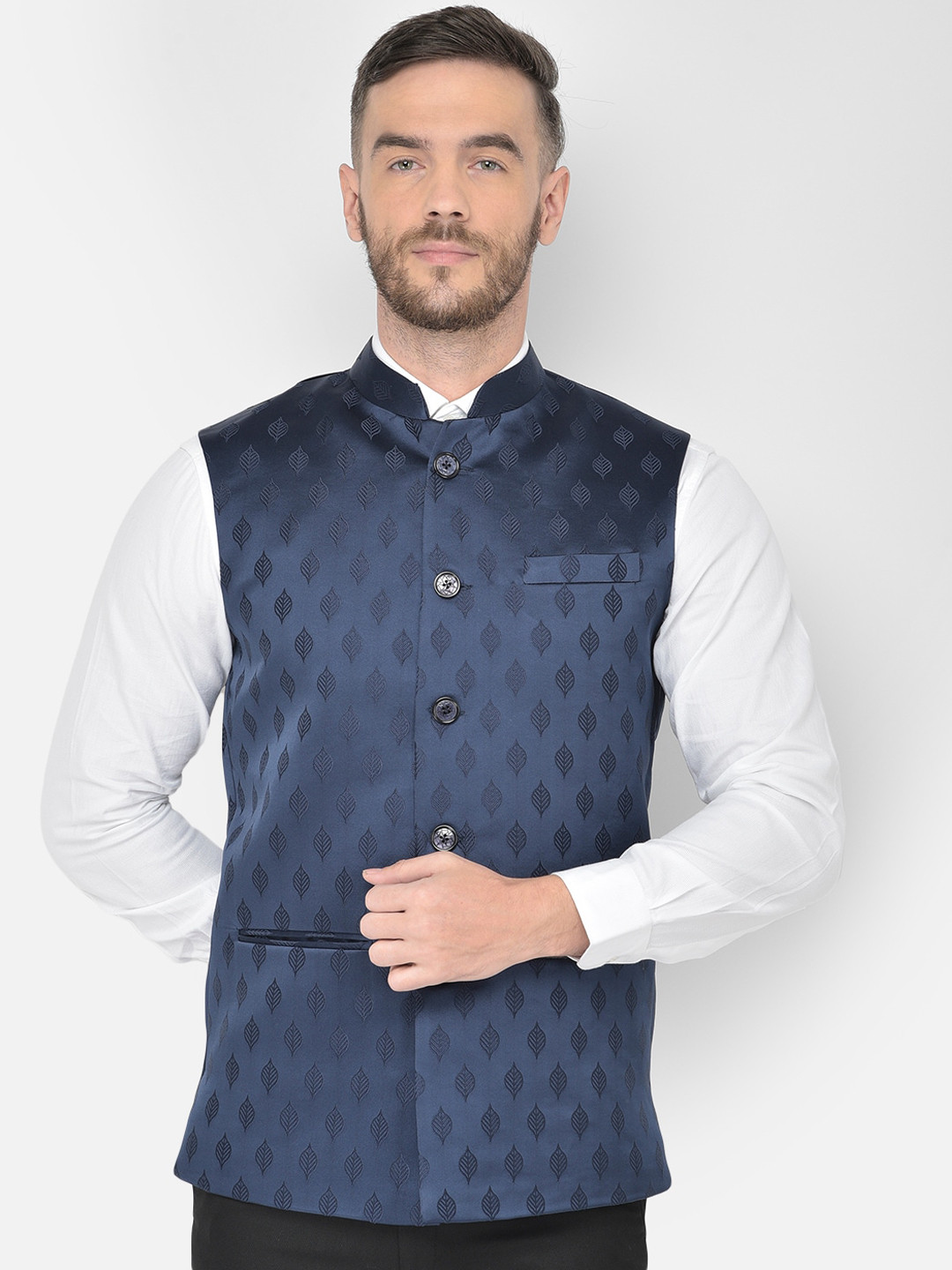 

Canary London Men Navy Blue Woven Slim Fit Nehru Waistcoat