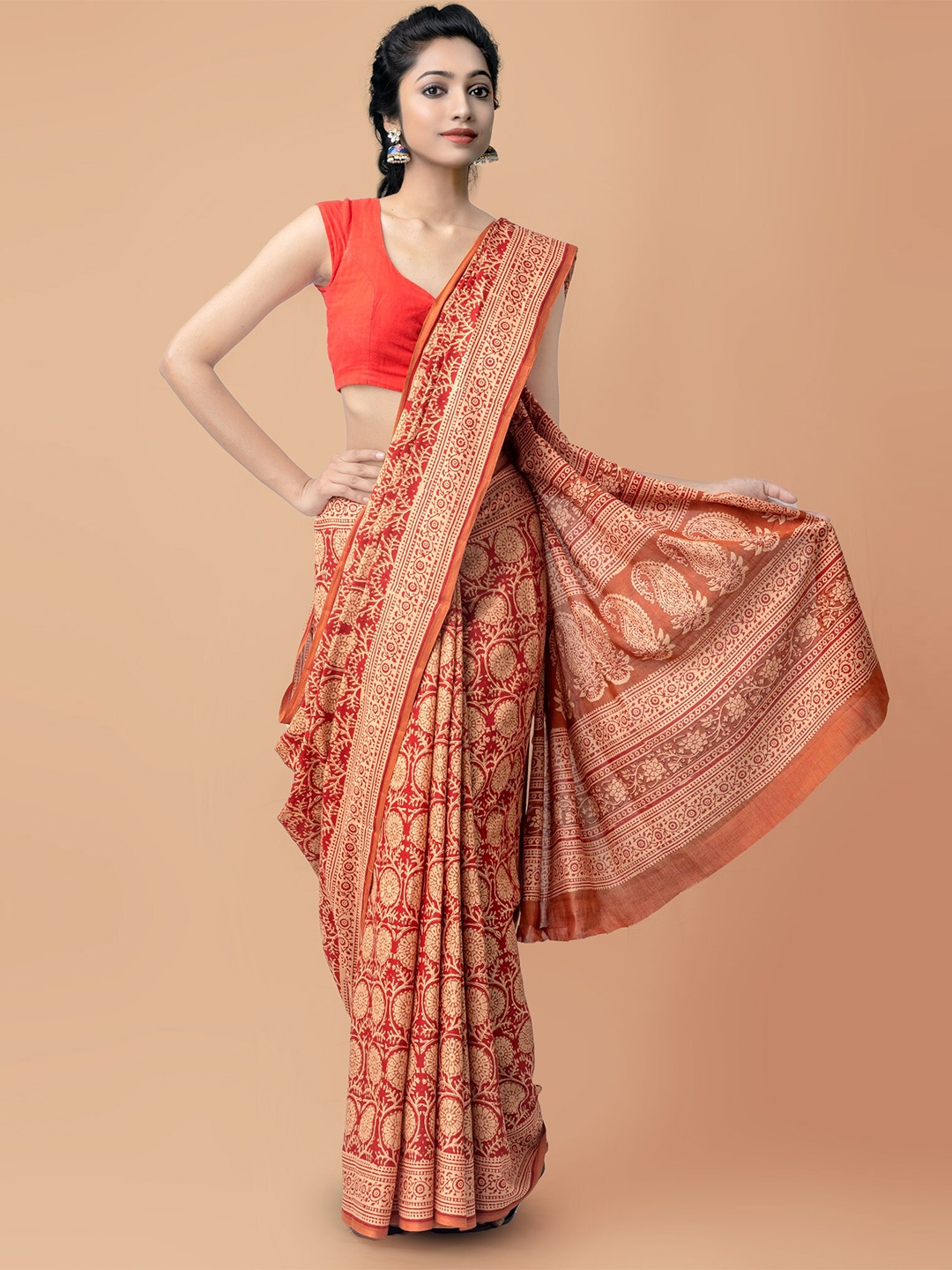 

Unnati Silks Red & Beige Ethnic Motifs Pure Cotton Block Print Saree