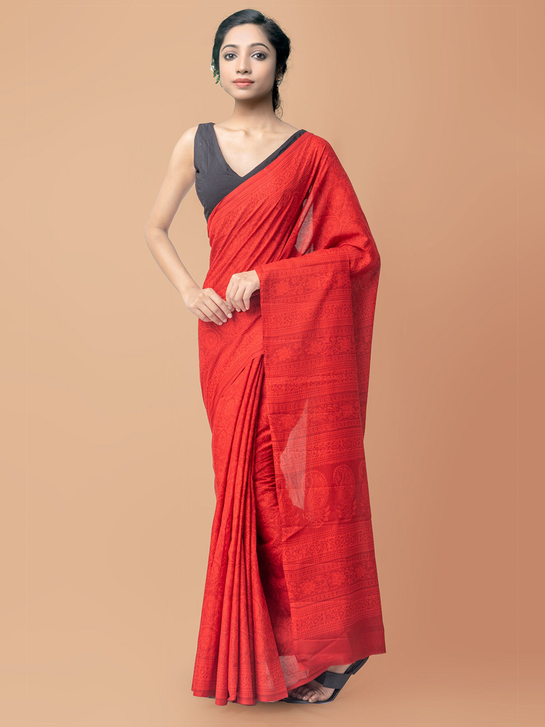 

Unnati Silks Red Ethnic Motifs Pure Cotton Block Print Saree