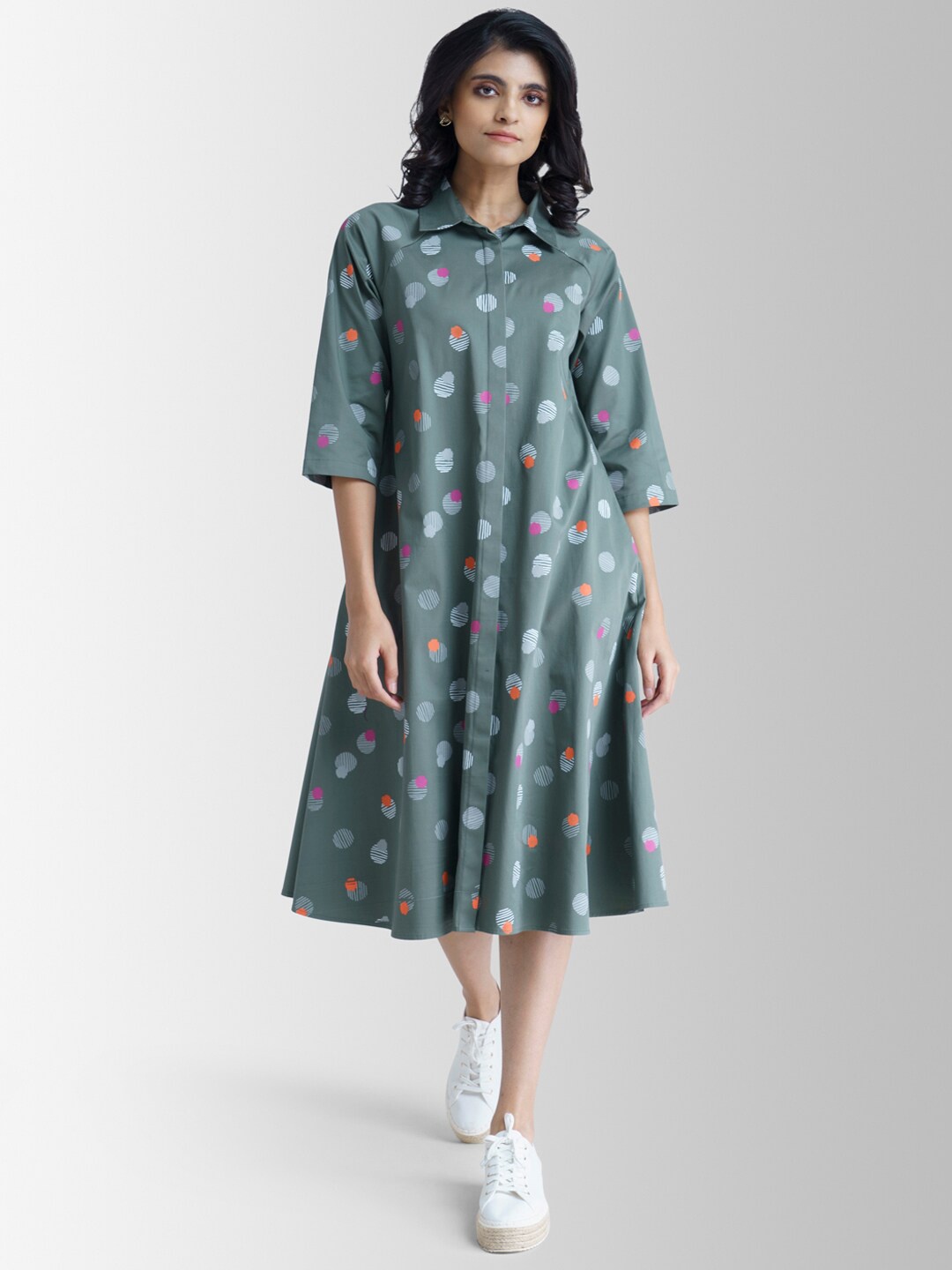 

Pink Fort Women Olive Green & White Printed Cotton Shirt Midi Dress