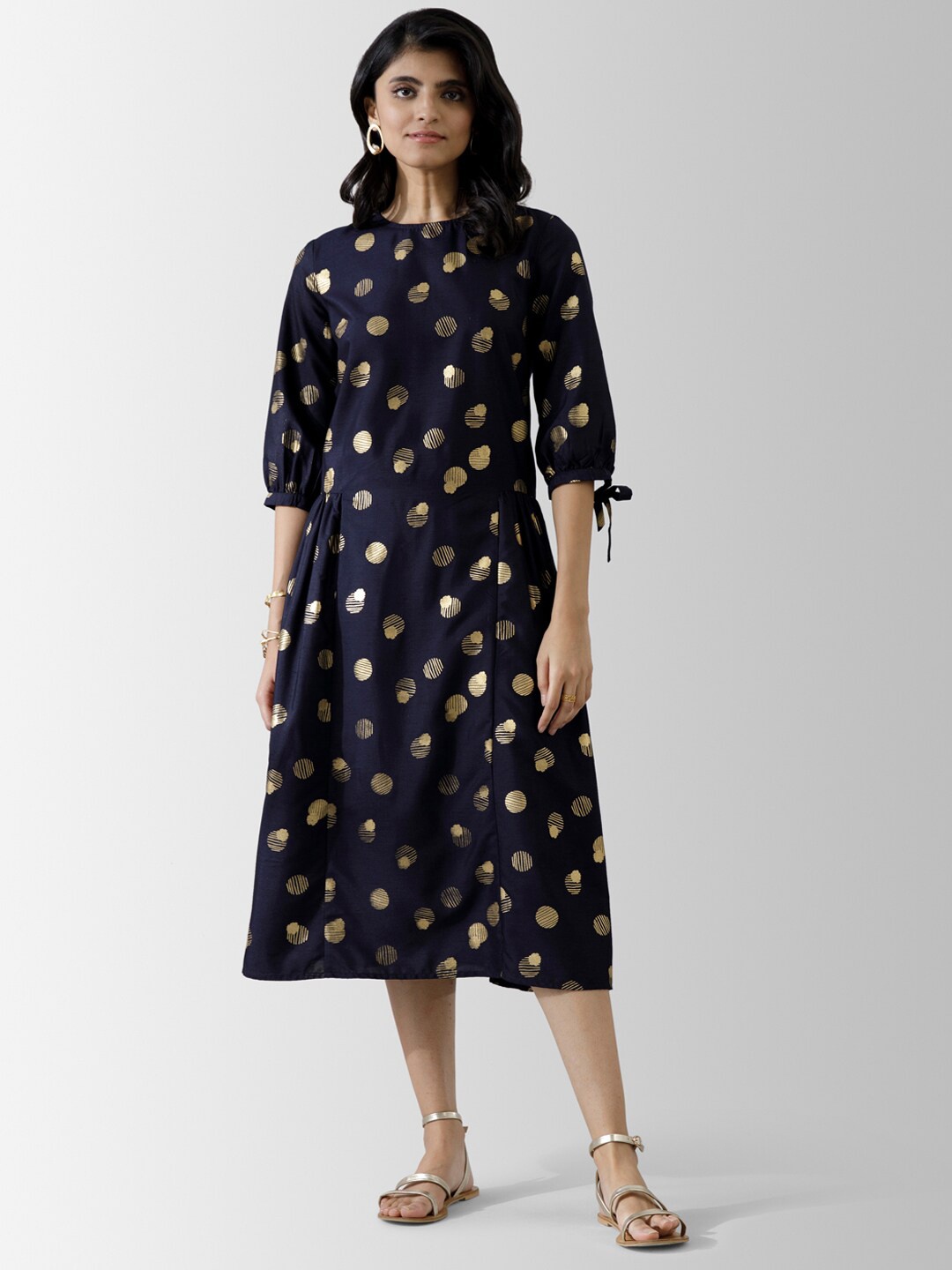 

Pink Fort Women Navy Blue Floral A-Line Midi Dress