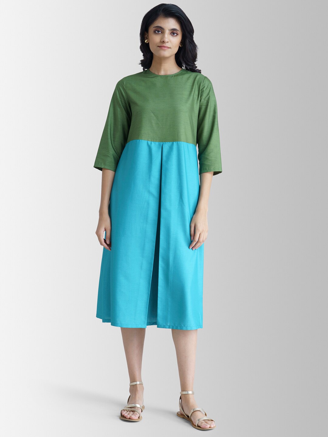 

Pink Fort Green & Blue Colourblocked A-Line Pleated Midi Dress