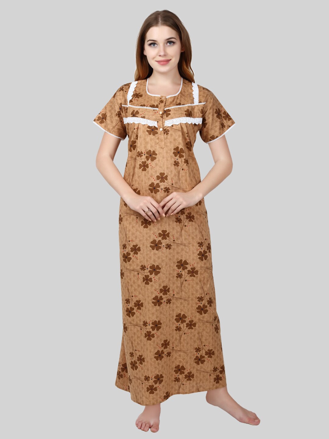 

ROVARS Brown & White Printed Pure Cotton Maxi Nightdress