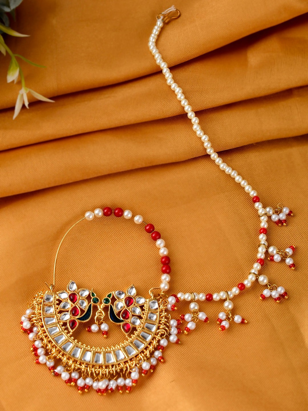 

Silvermerc Designs Woman Gold-Plated White & Red Stone Beaded Meenakari Chain Nose Ring
