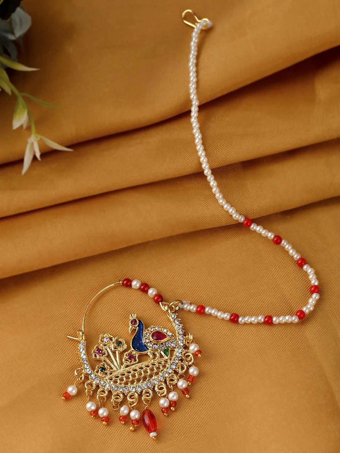

Silvermerc Designs Gold-Plated & White Studded & Beaded Mayur Nose Ring