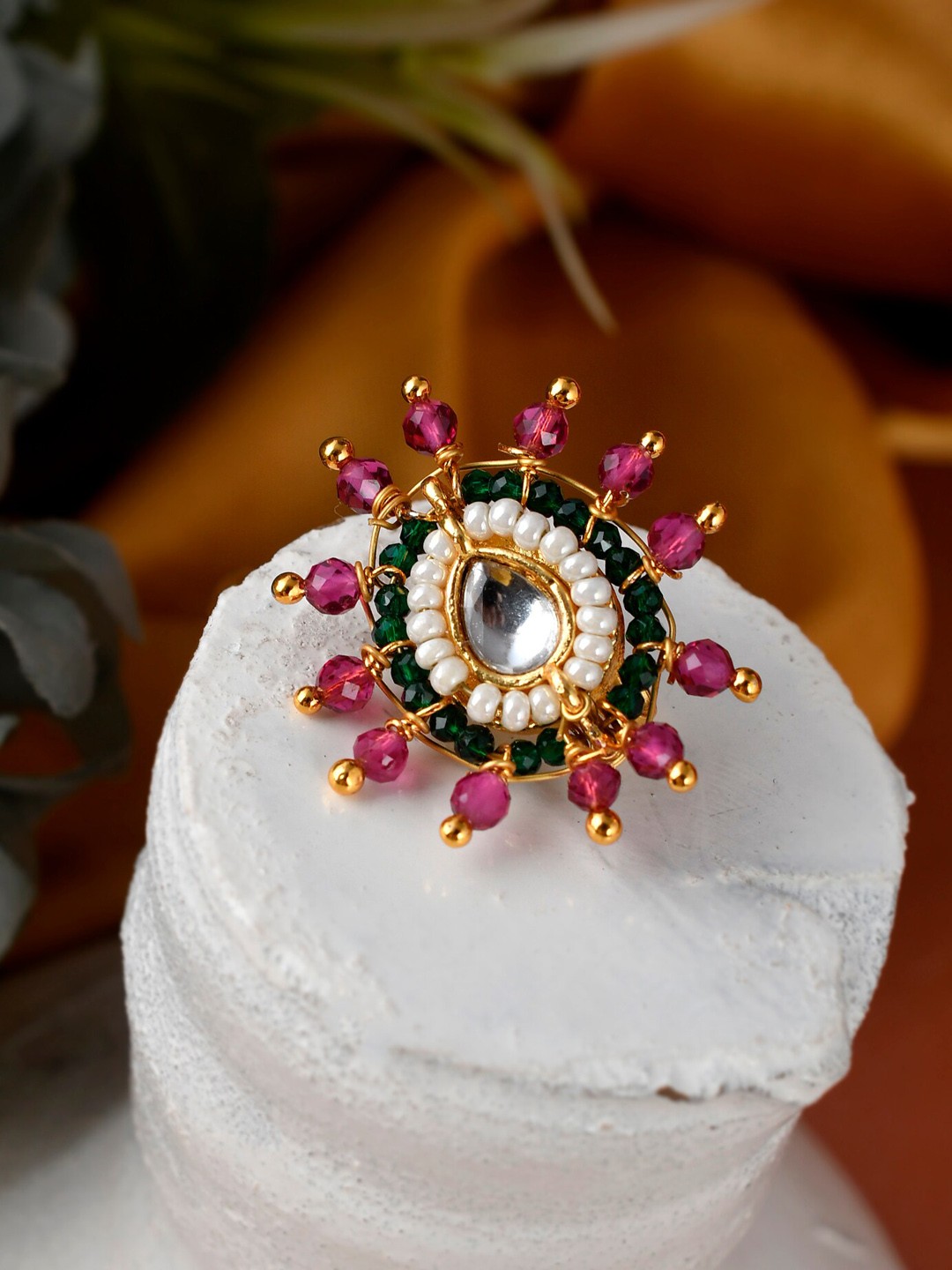 

Silvermerc Designs Woman Gold-Plated White & Pink Stone-Studded & Beaded Nose Stud