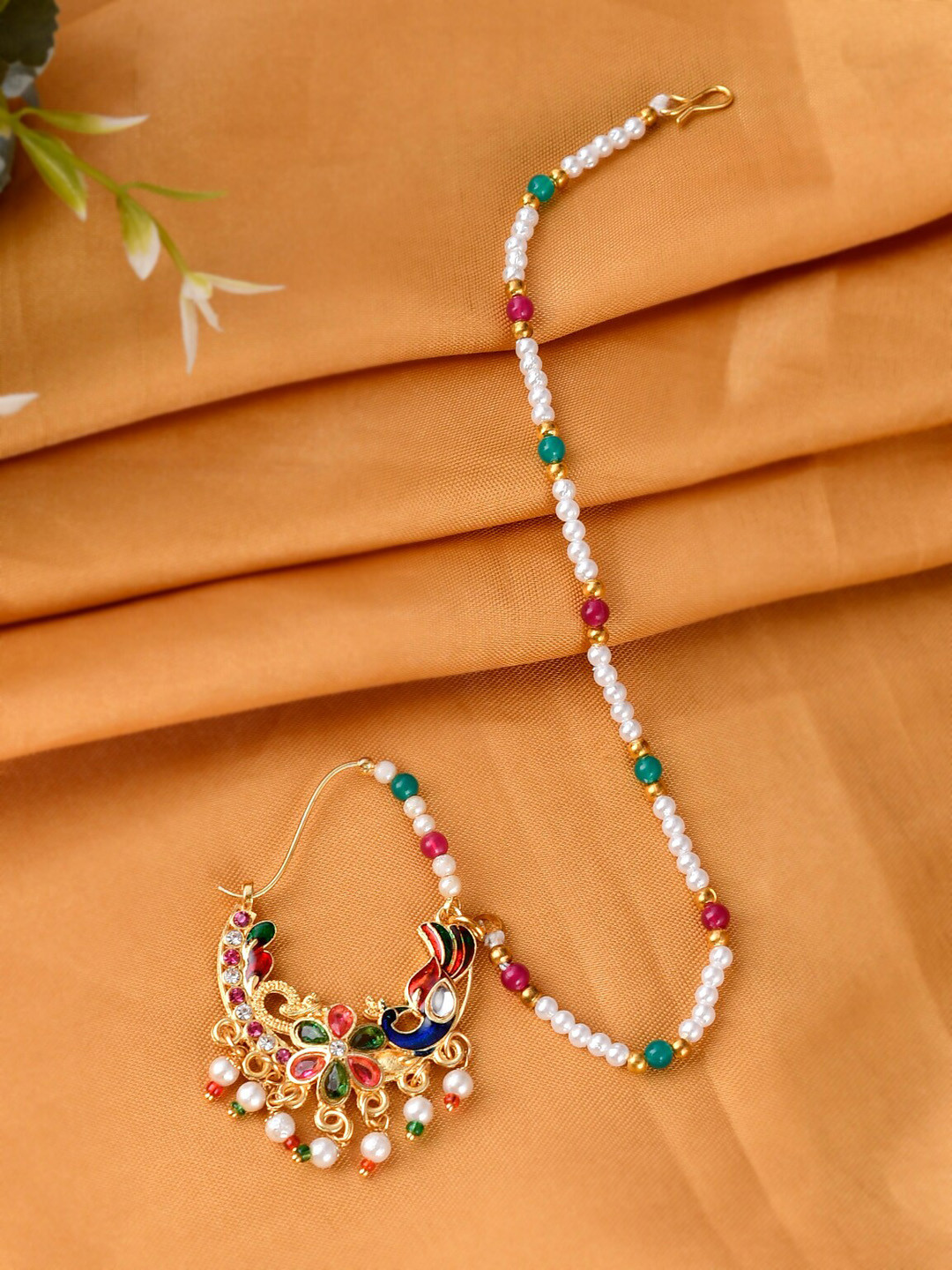 

Silvermerc Designs Gold-Plated & Stone-Studded Chained Nosepin