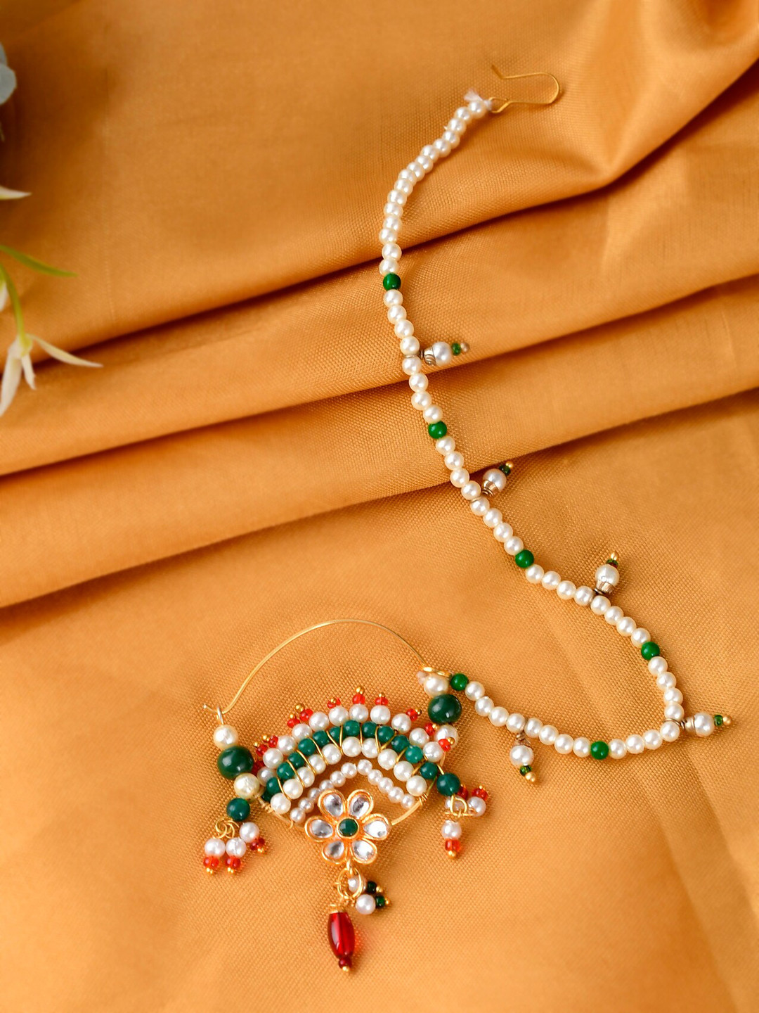 

Silvermerc Designs Gold-Plated Stones & Pearl Beaded Mayur Nose Ring