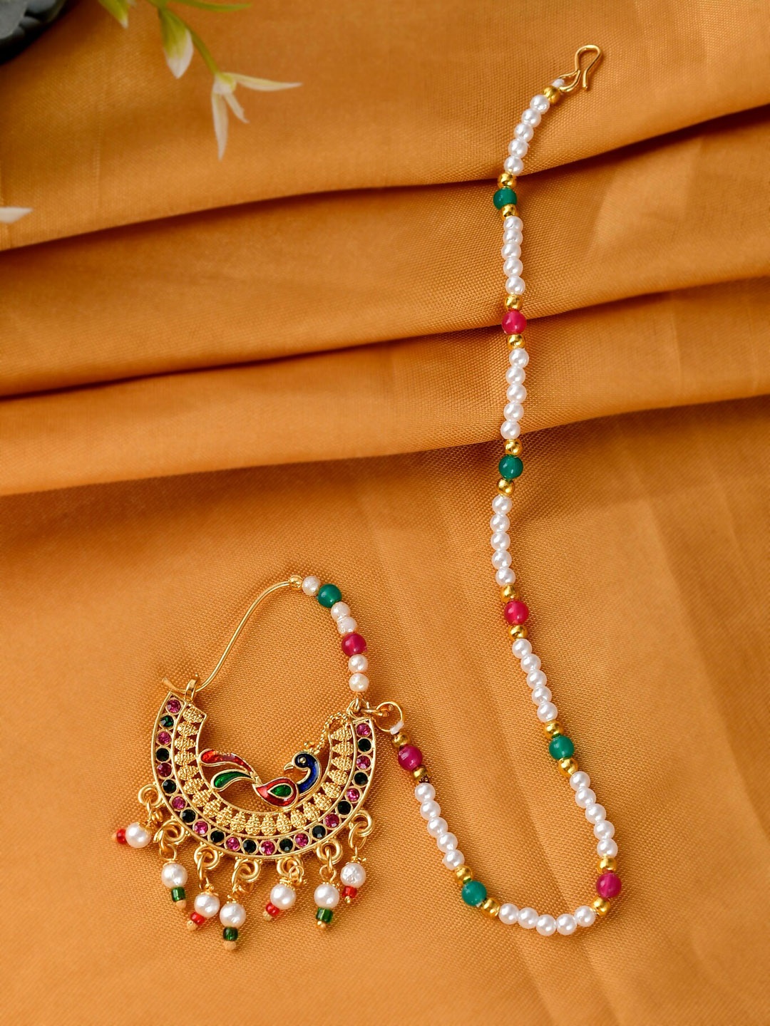 

Silvermerc Designs Gold-Plated White & Red Stones-Studded & Beaded Wedding Nose Ring