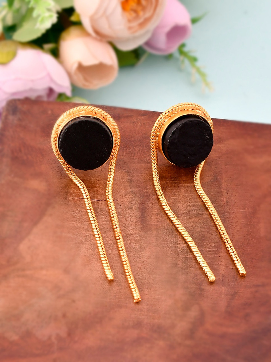 

Silvermerc Designs Gold-Plated Circular Onyx Studded Drop Earrings