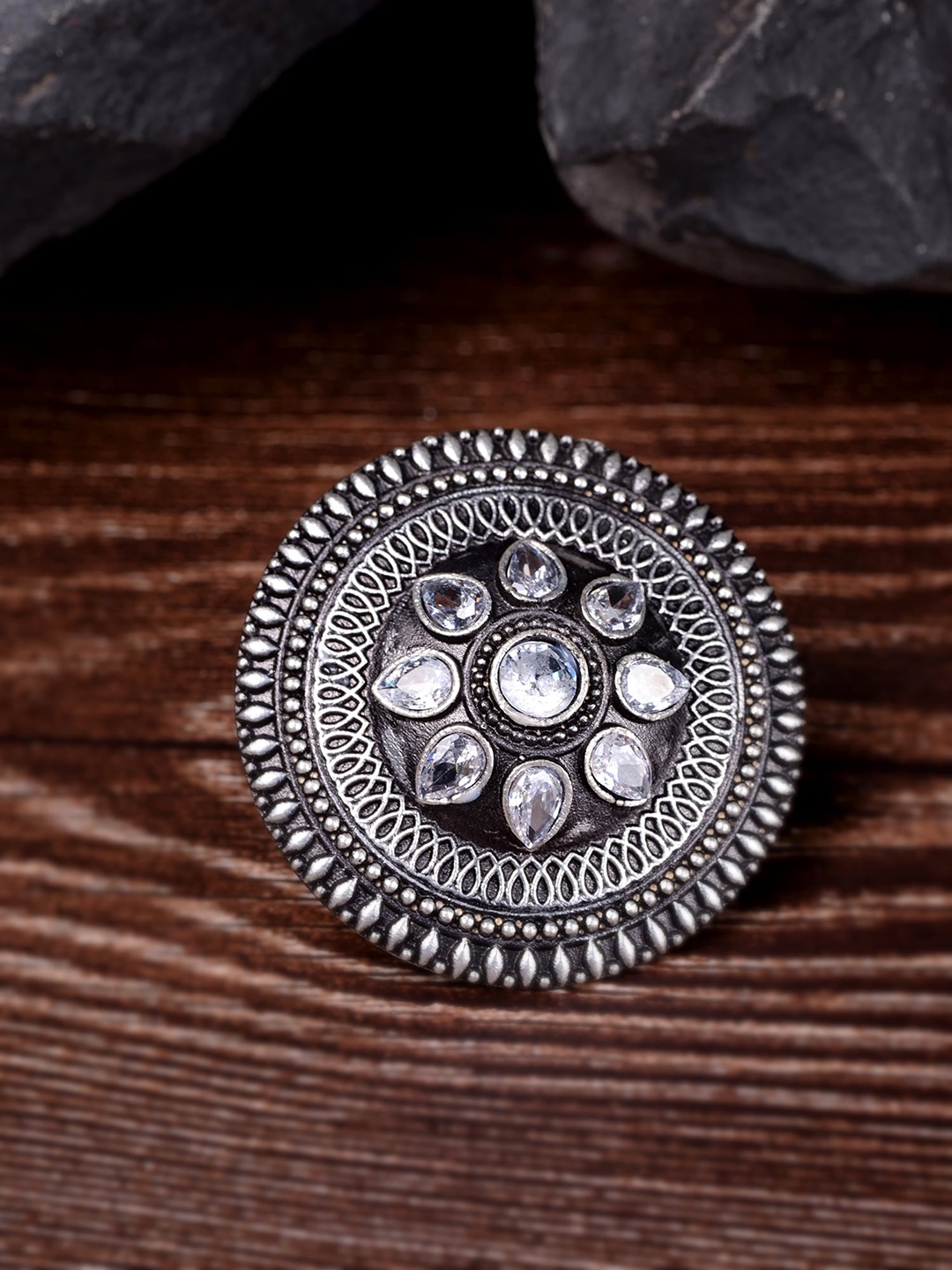 

Saraf RS Jewellery Oxidised Silver-Toned & White CZ-Studded Antique Finger Ring