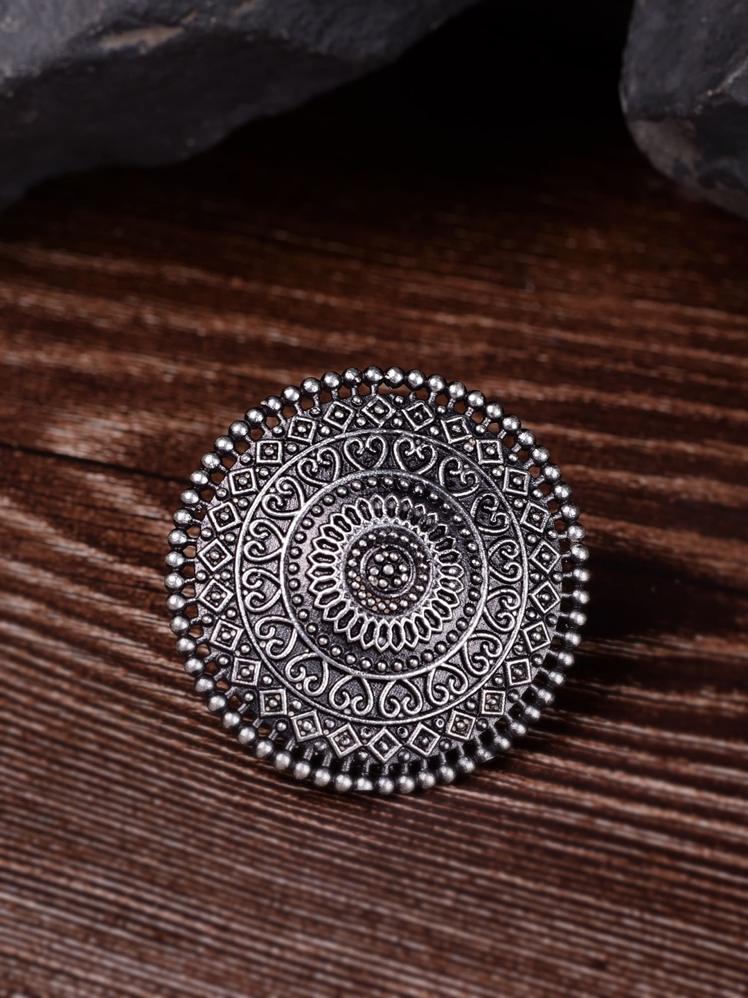 

Saraf RS Jewellery Silver-Toned Oxidized Circular Adjustable Finger Ring